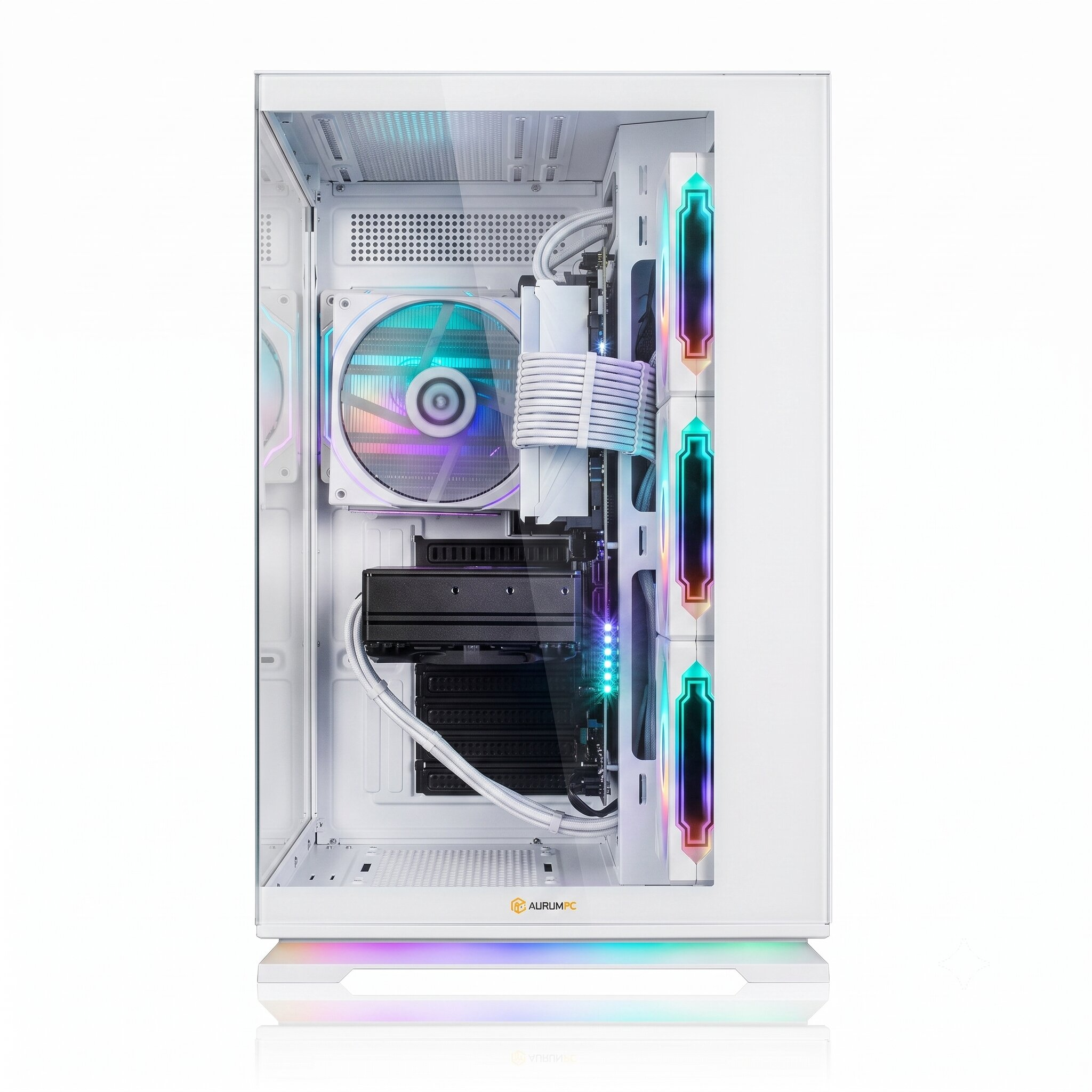 Ein weißes PC-Gehäuse mit RGB-Beleuchtung, Lüfter und Komponenten.