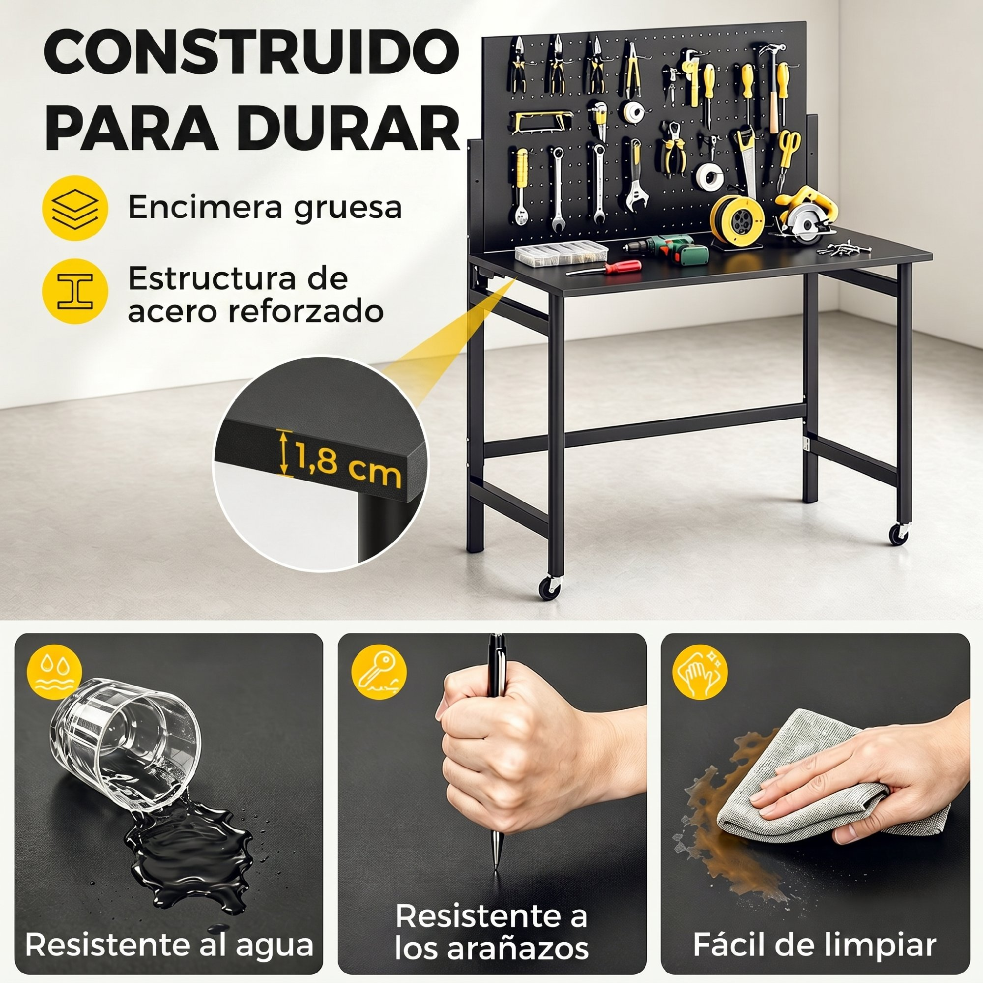 Banco de trabajo con panel de herramientas, herramientas, sierra y taladro.
