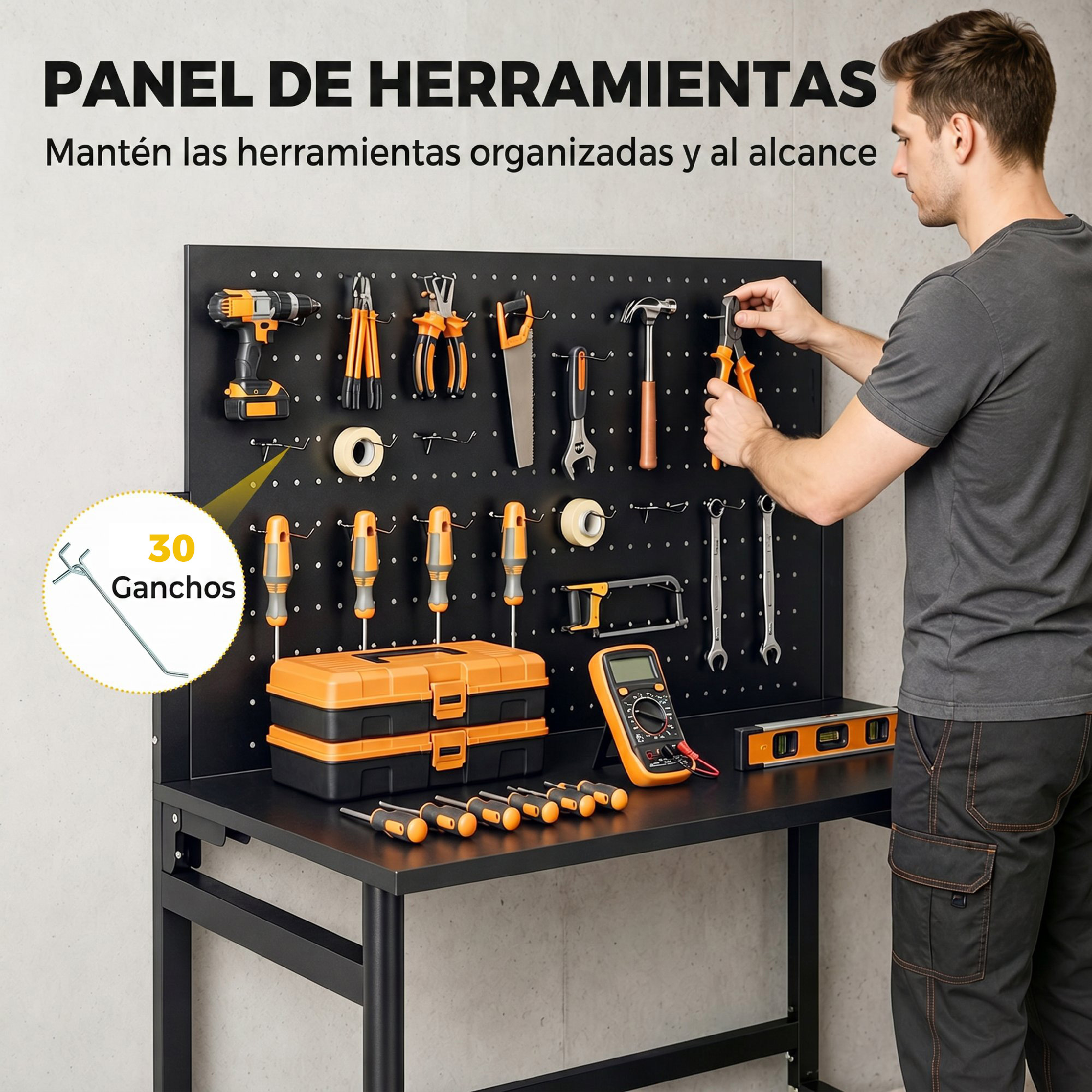 Un hombre cuelga herramientas en un panel perforado. Caja de herramientas, destornilladores, alicates.