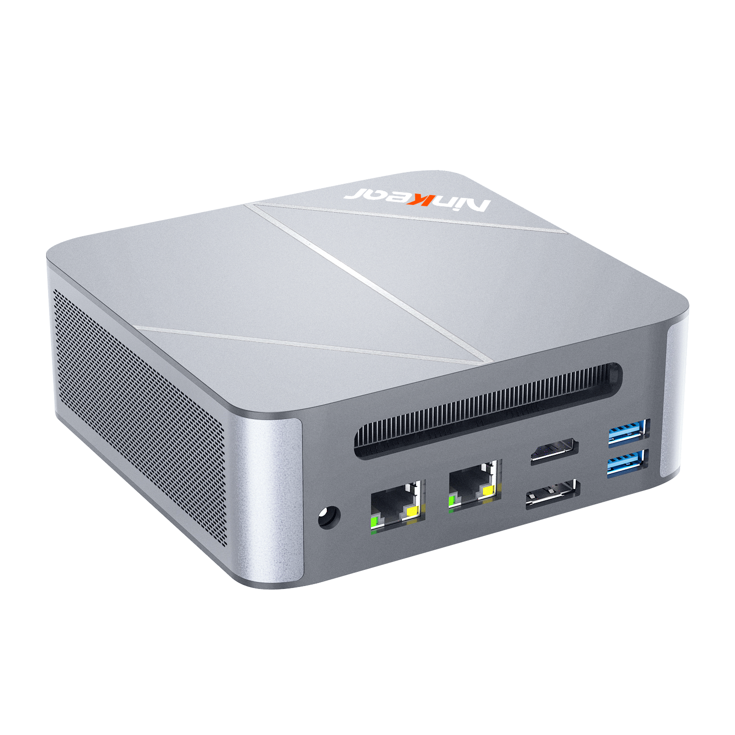 Un mini PC plateado con rejillas de ventilación y puertos.