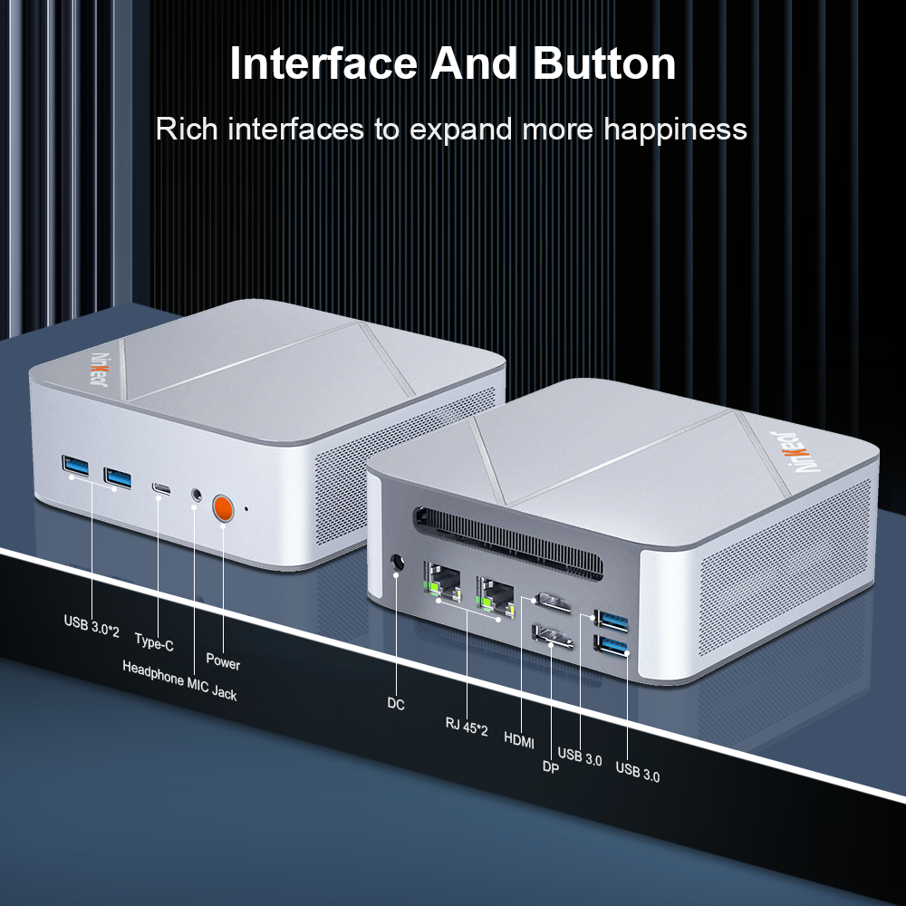 Se muestran dos mini PCs plateados. Puertos frontales: USB, Tipo-C, alimentación, audio. Puertos traseros: CC, RJ45, HDMI, DP, USB.