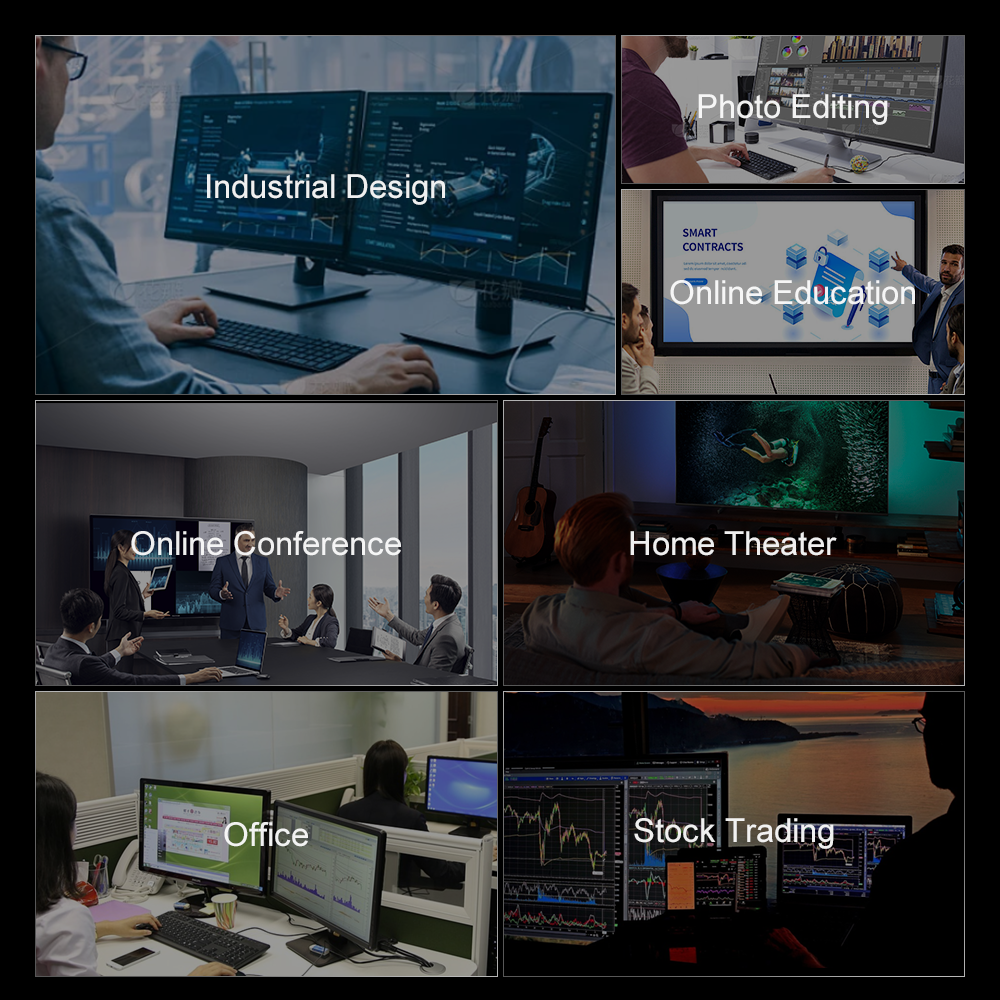 Collage de seis imágenes: Diseño Industrial, Edición de Fotos, Educación Online, Conferencia Online, Cine en Casa, Oficina, Trading de Acciones.