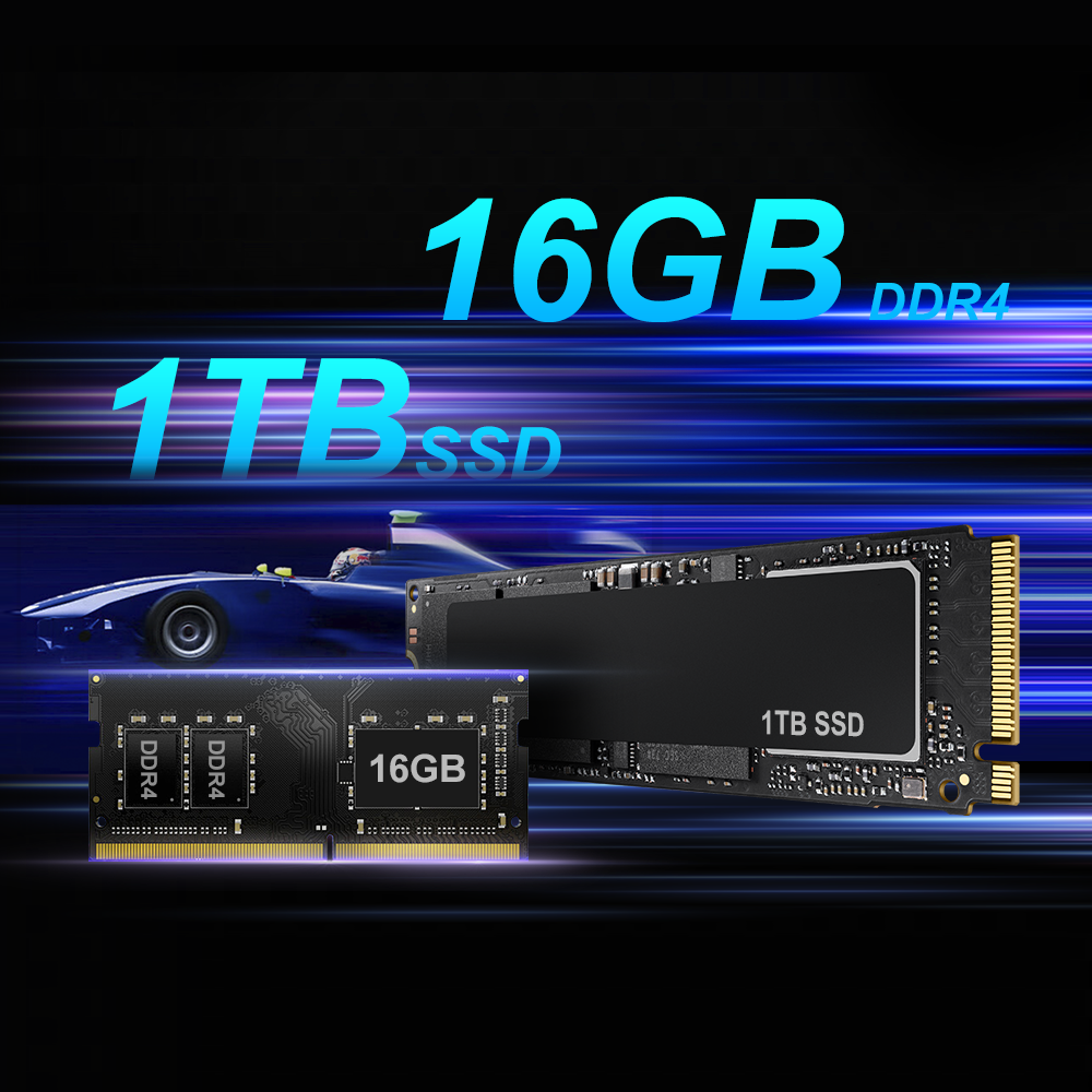 Un coche de carreras azul y componentes de computadora (SSD de 1TB, RAM DDR4 de 16GB) sobre fondo oscuro.