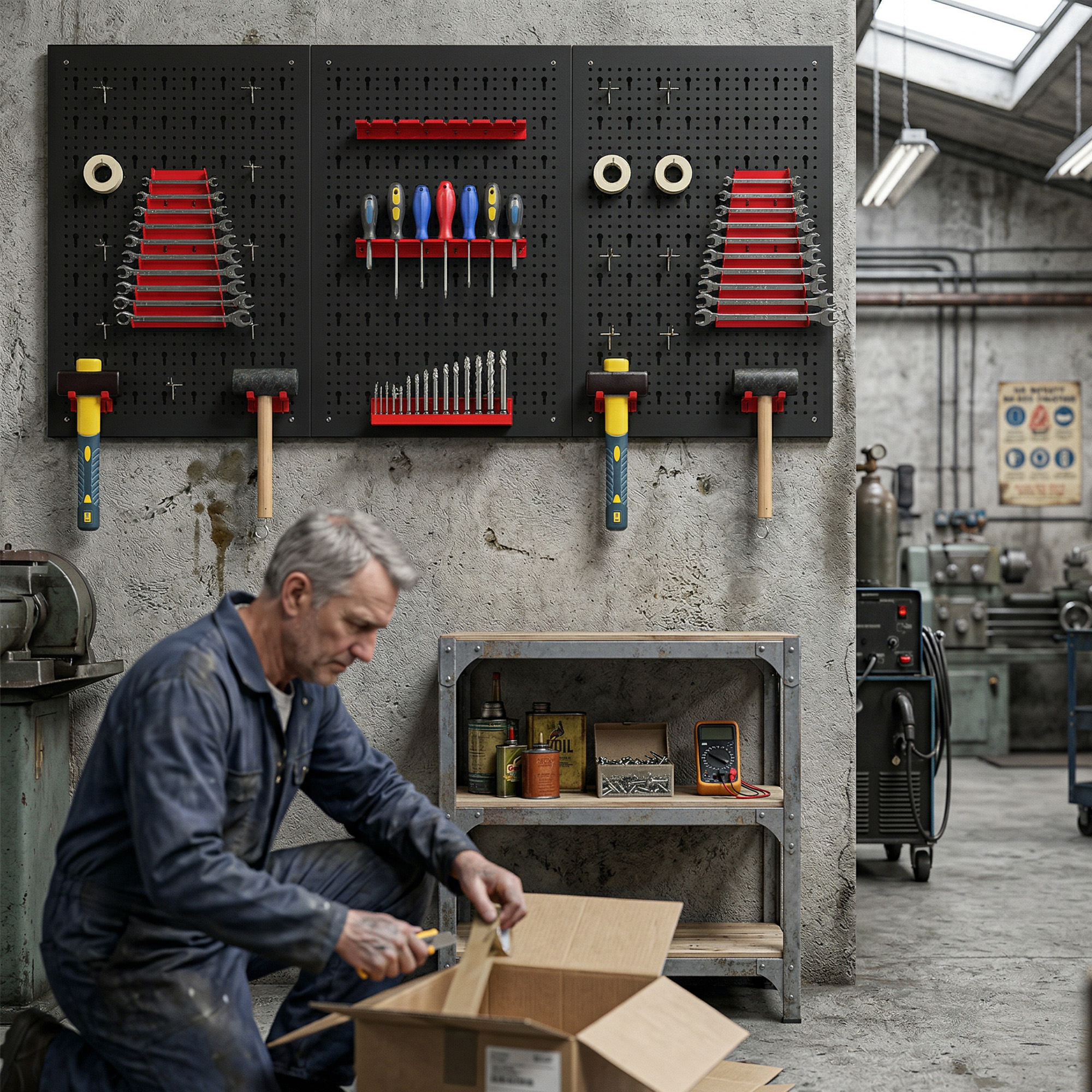Hombre en taller abriendo caja; pared de herramientas con llaves, martillos, taladros.