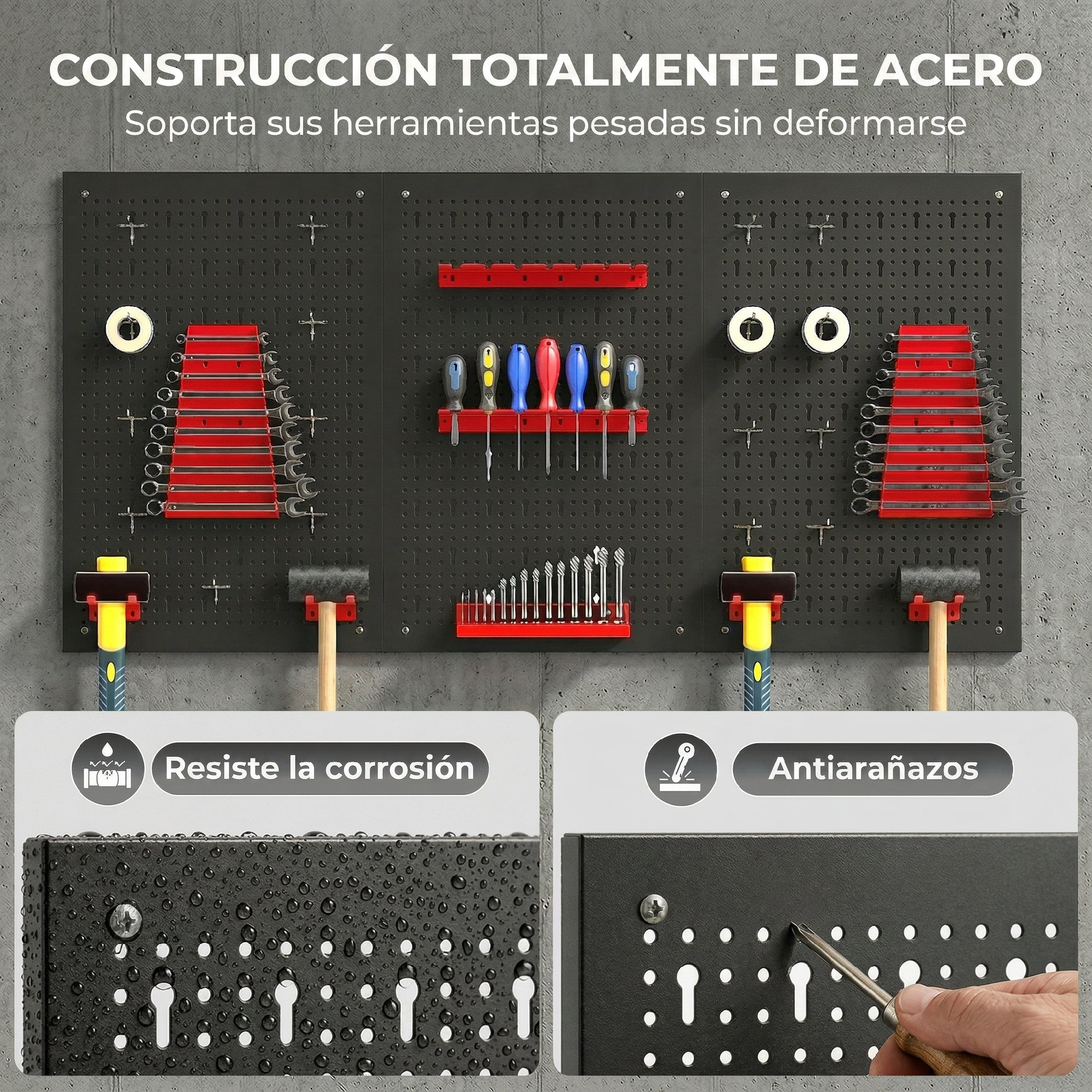 Panel de herramientas de acero con llaves, destornilladores y martillos.