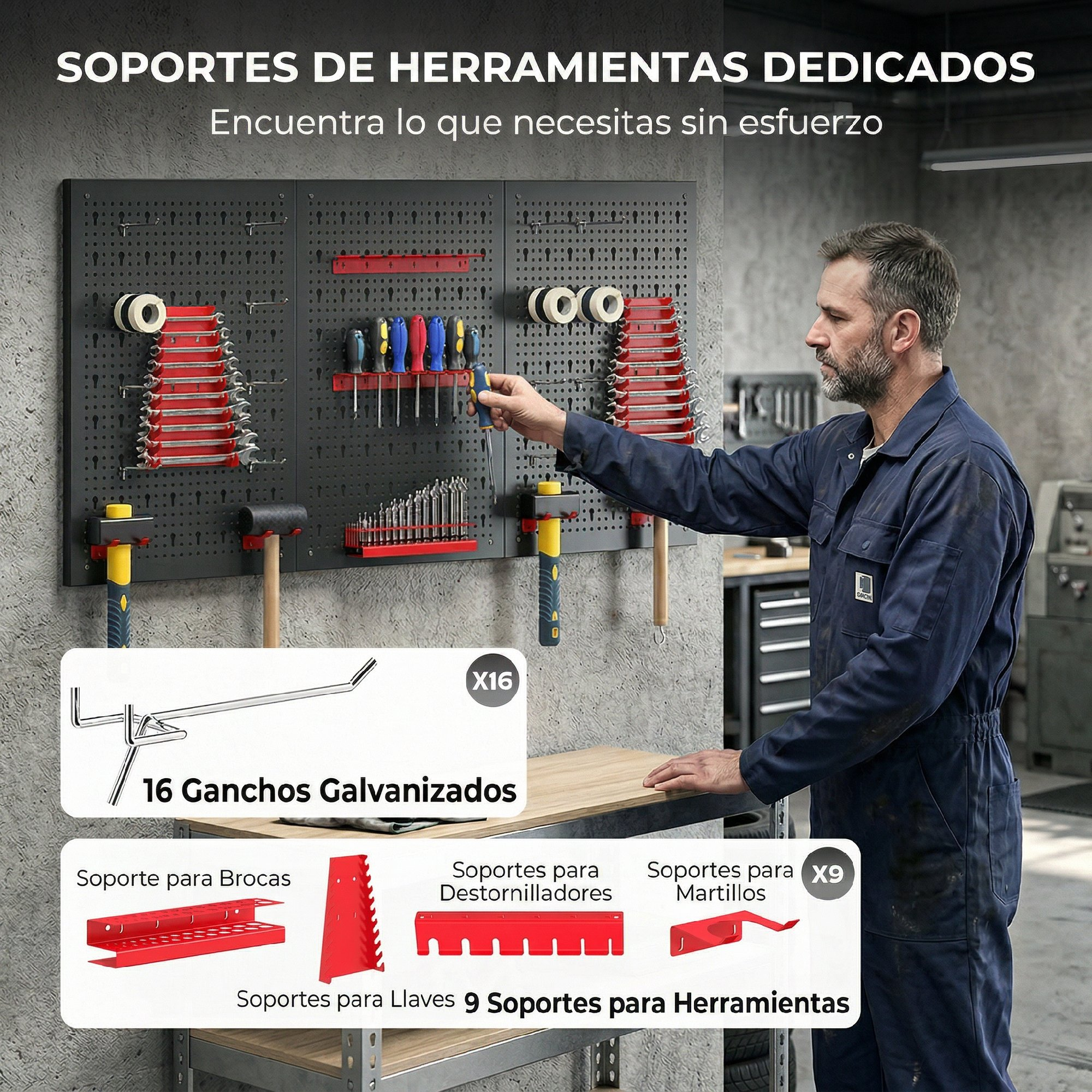 Hombre ordena herramientas en un panel perforado con martillos, destornilladores y rollos.