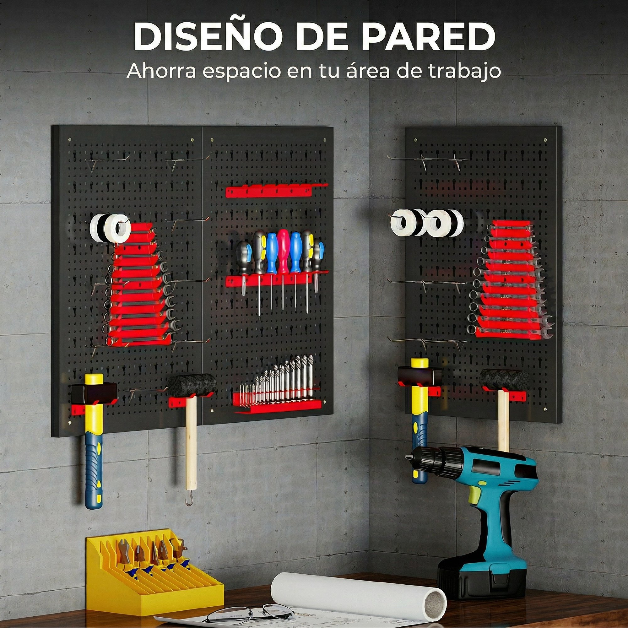 Pared de herramientas con martillos, destornilladores, taladro, alicates y cintas.