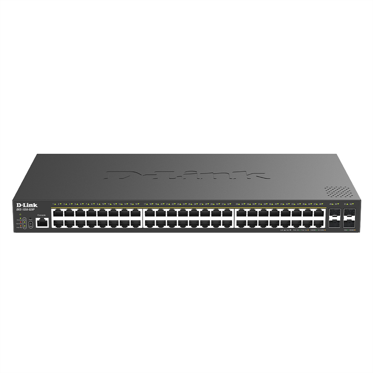 Ein schwarzer D-Link Netzwerk-Switch mit vielen Ports und Lichter.
