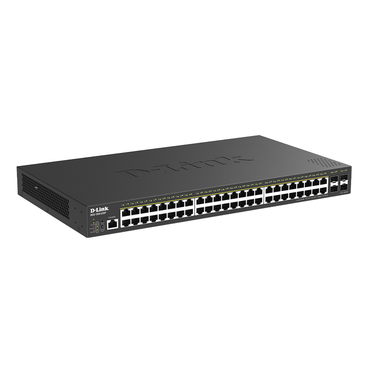 Schwarzer D-Link Netzwerk-Switch mit vielen Anschlüssen und LED-Anzeigen.