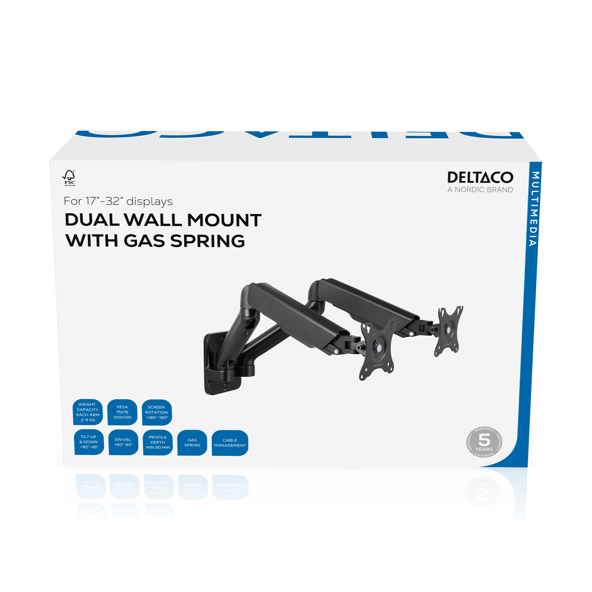 Schwarze Doppelwandhalterung mit Gasfeder für 17-32" Displays.