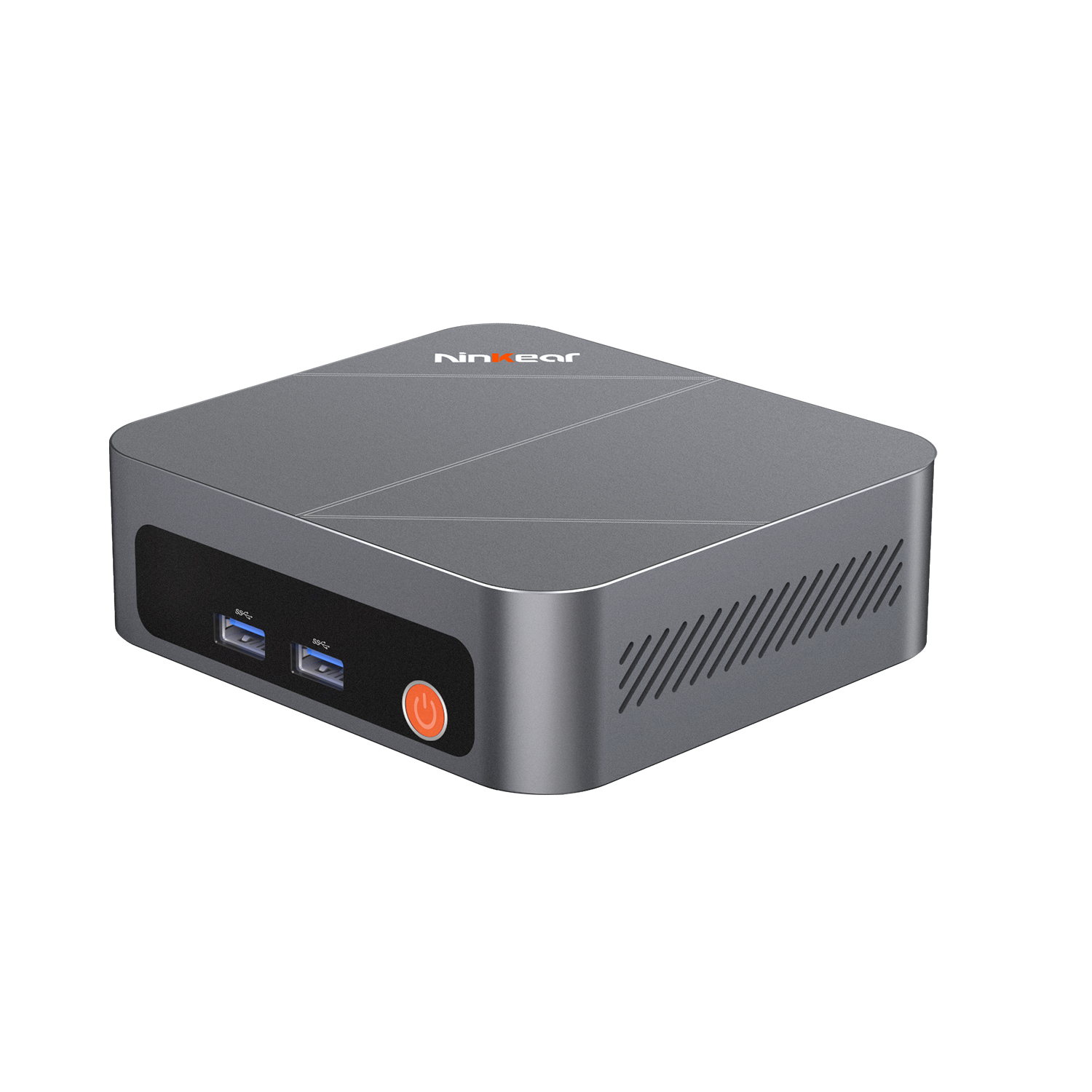 Mini PC gris con dos puertos USB, botón de encendido y rejillas de ventilación.