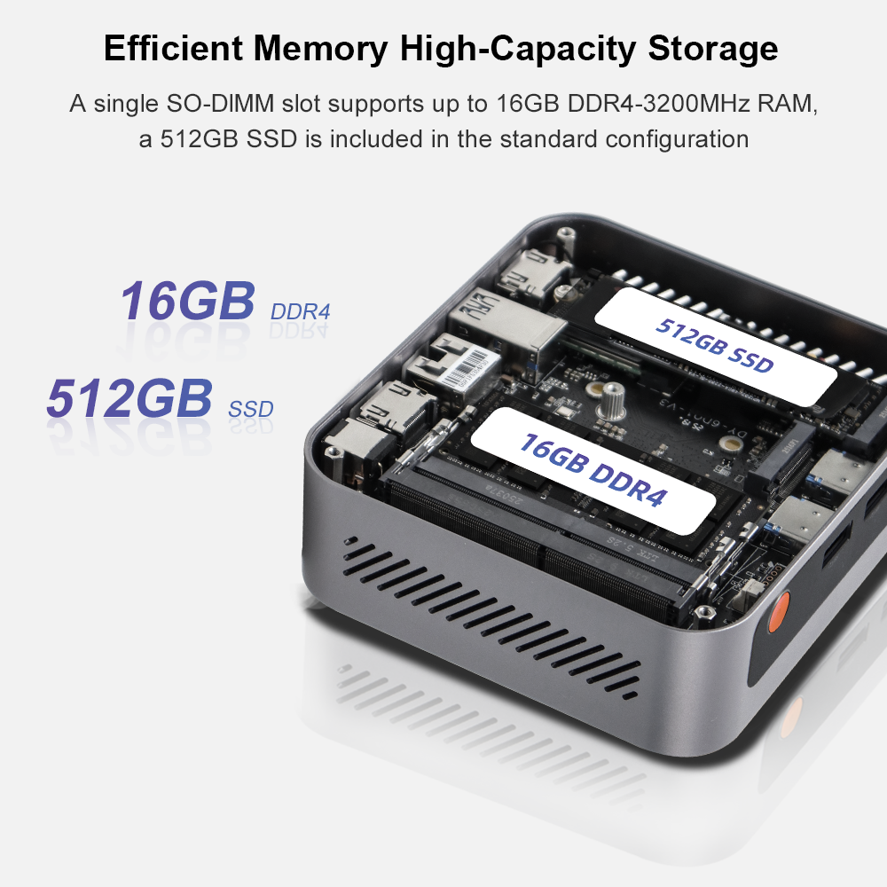 Un mini PC con la carcasa abierta, mostrando 16 GB de RAM DDR4 y un SSD de 512 GB.