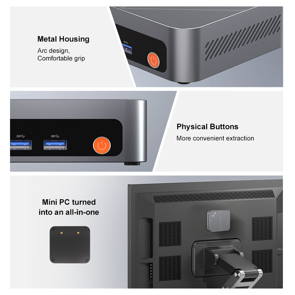 Mini PC gris con carcasa metálica, dos puertos USB y botón de encendido.