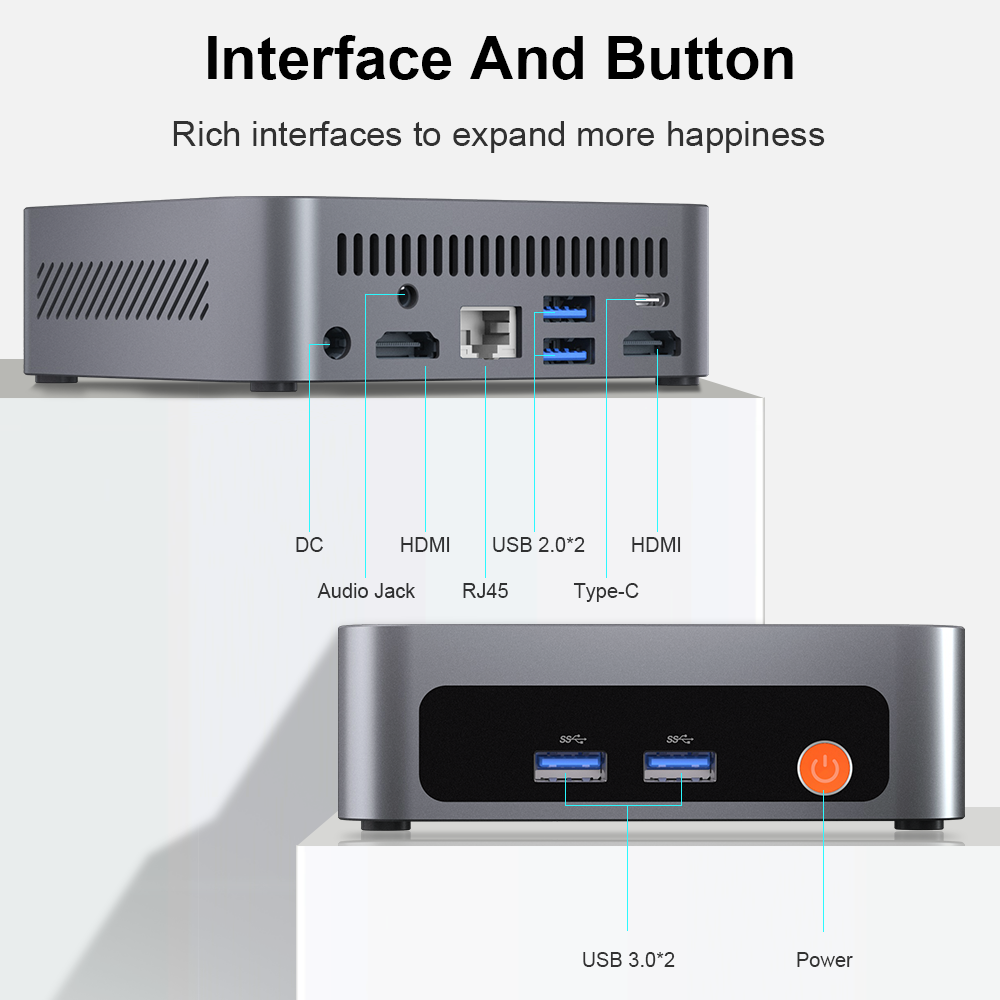 Dos mini PCs grises con puertos etiquetados como DC, HDMI, USB y alimentación.