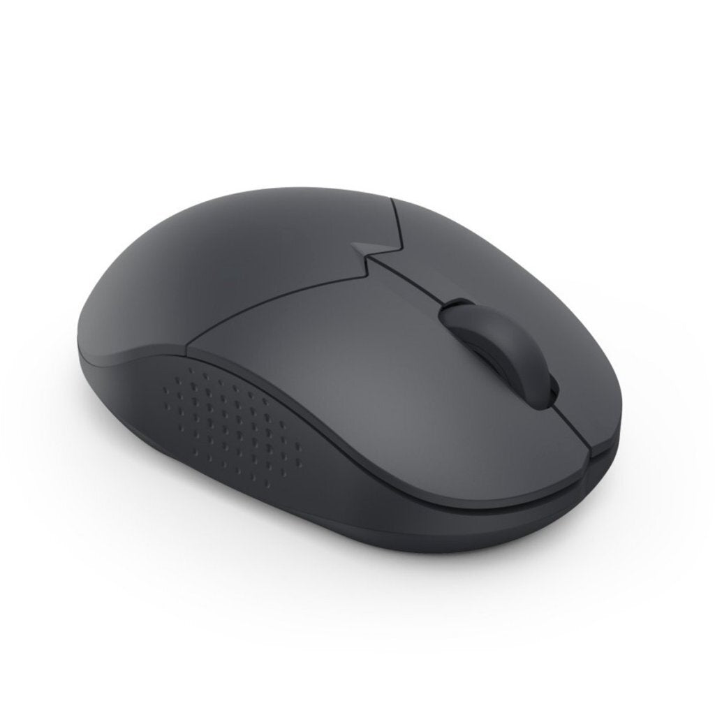 Un mouse wireless scuro con rotella di scorrimento e lati testurizzati.