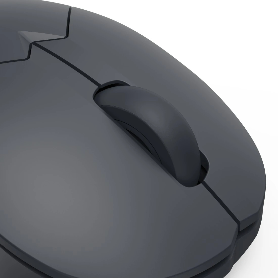 Mouse grigio scuro con rotellina, vista ravvicinata.