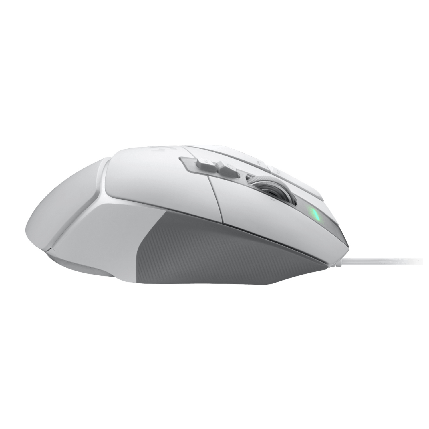 Une souris d'ordinateur blanche avec des accents gris et une lumière verte brillante, vue de côté.