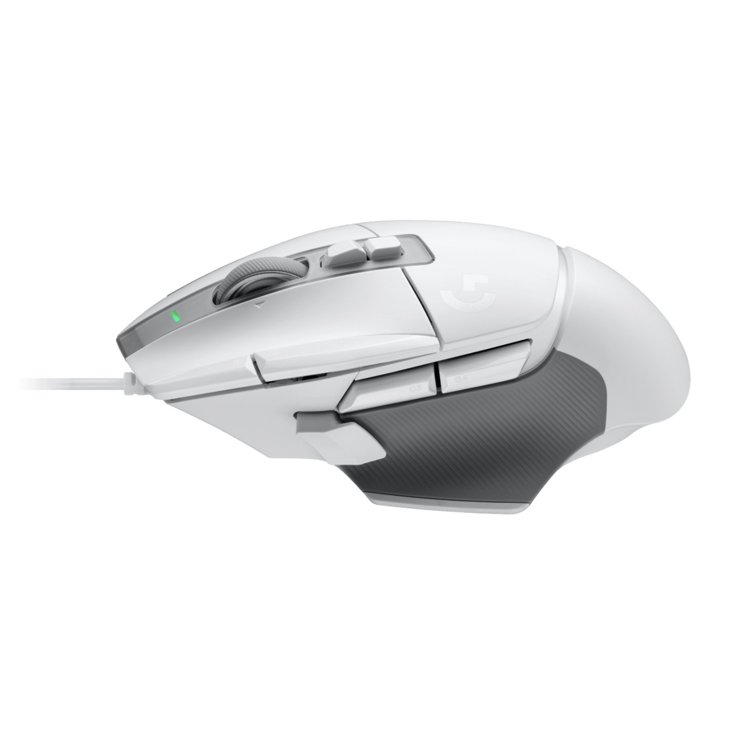 Souris gaming blanche avec accents gris, molette et boutons.
