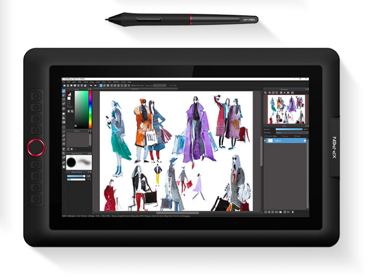Una tavoletta grafica con stilo mostra un disegno di arte digitale di figure di moda.