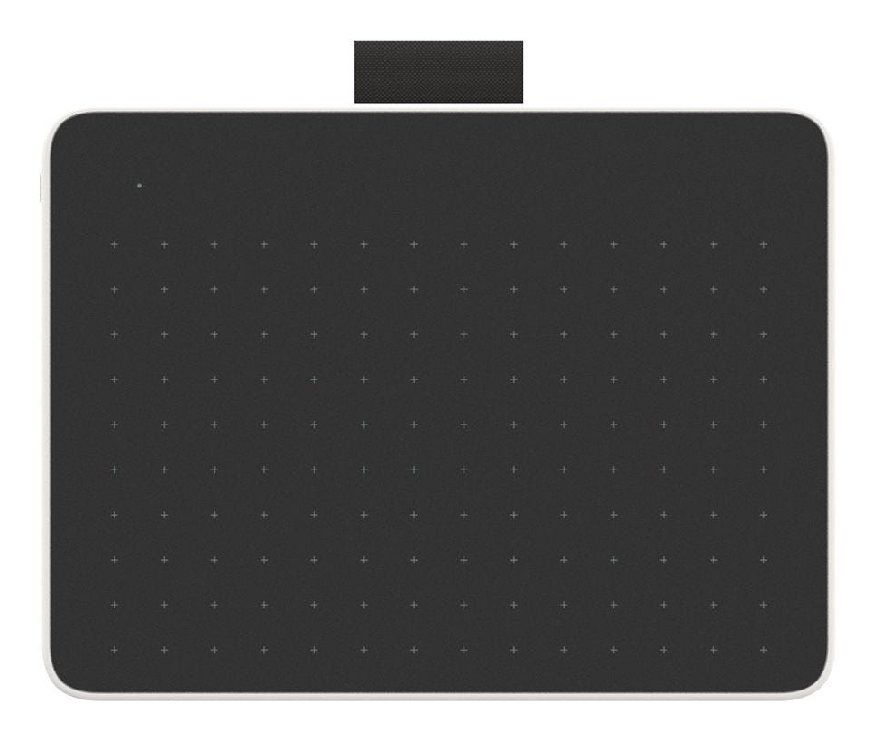 Ein schwarzes Touchpad mit einem weißen Rand und einem kleinen Punkt oben links.