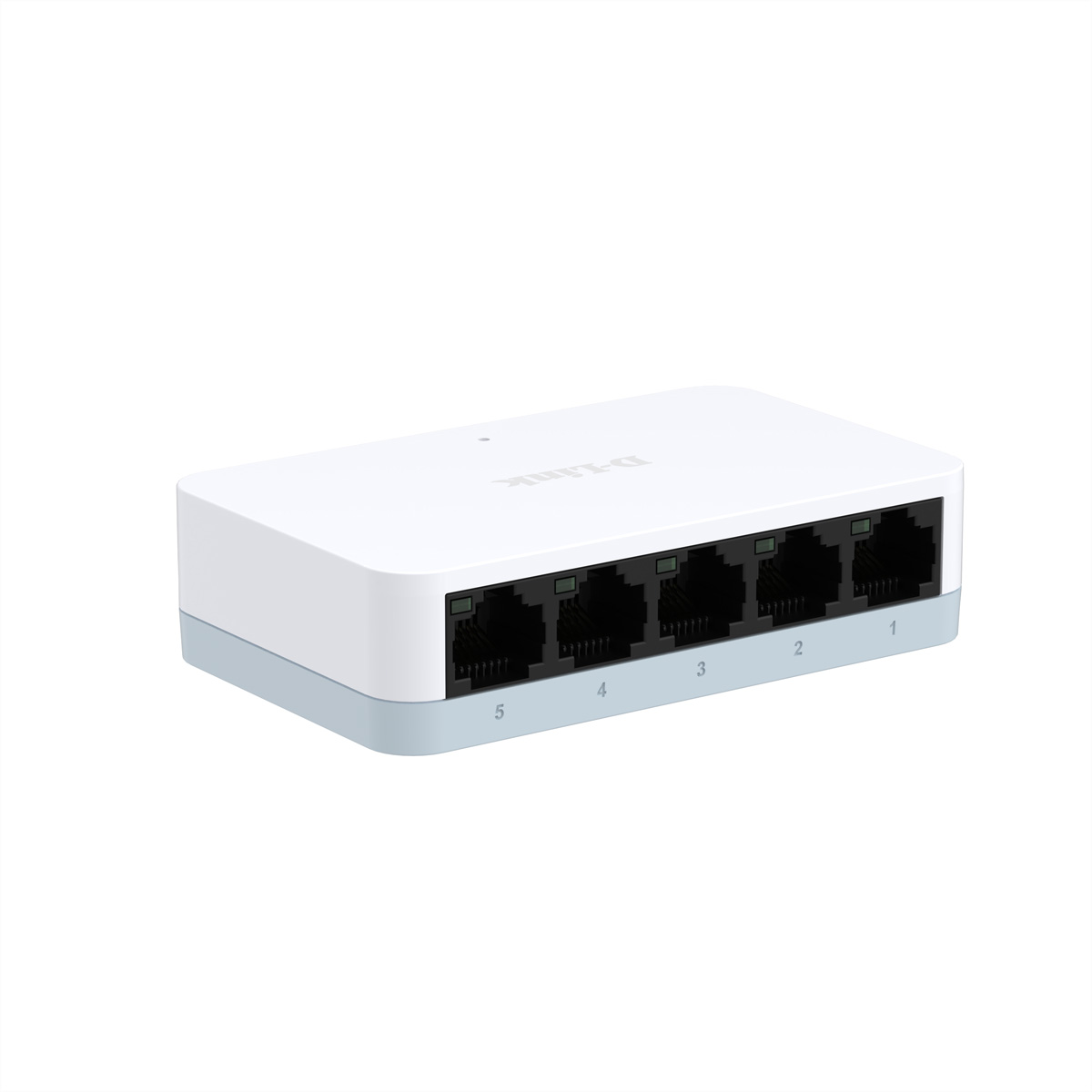 Ein kleiner, weißer Netzwerk-Switch mit 5 Ports und blauer Basis.