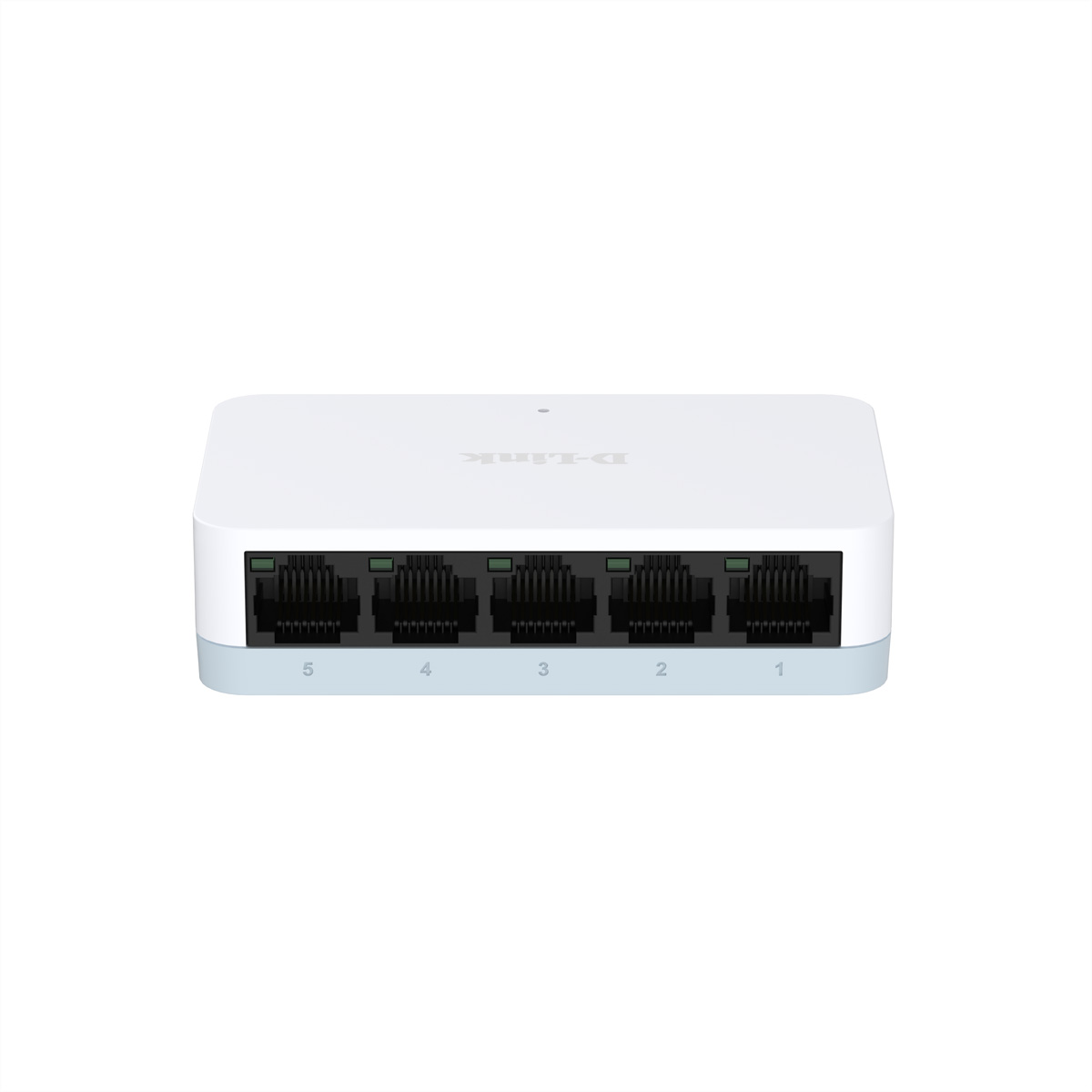 Ein kleiner weißer Netzwerk-Switch mit fünf Ethernet-Anschlüssen, nummeriert 1-5.