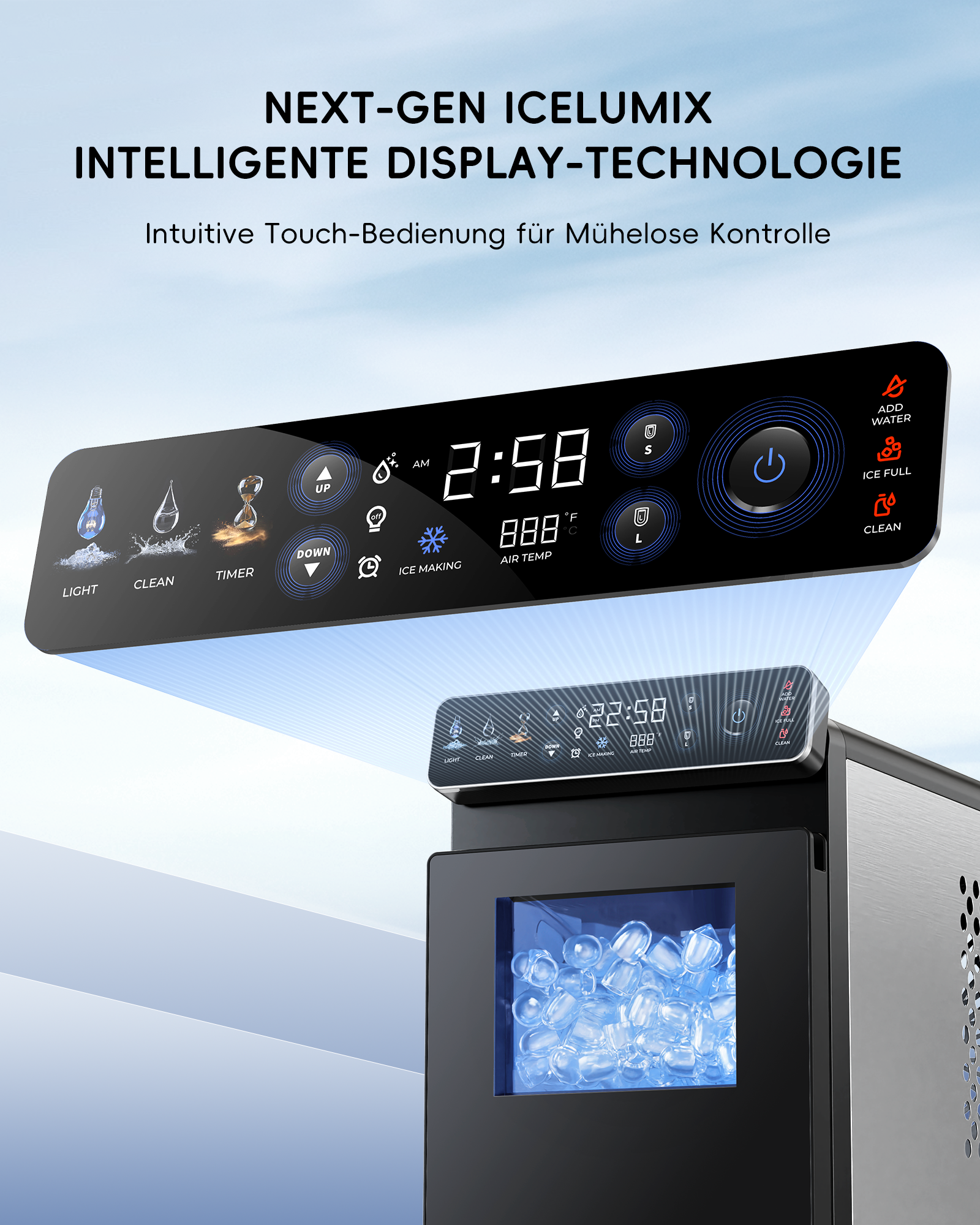 Ein moderner Eisbereiter mit digitalem Touchscreen-Display, das Zeit und Temperatur anzeigt.