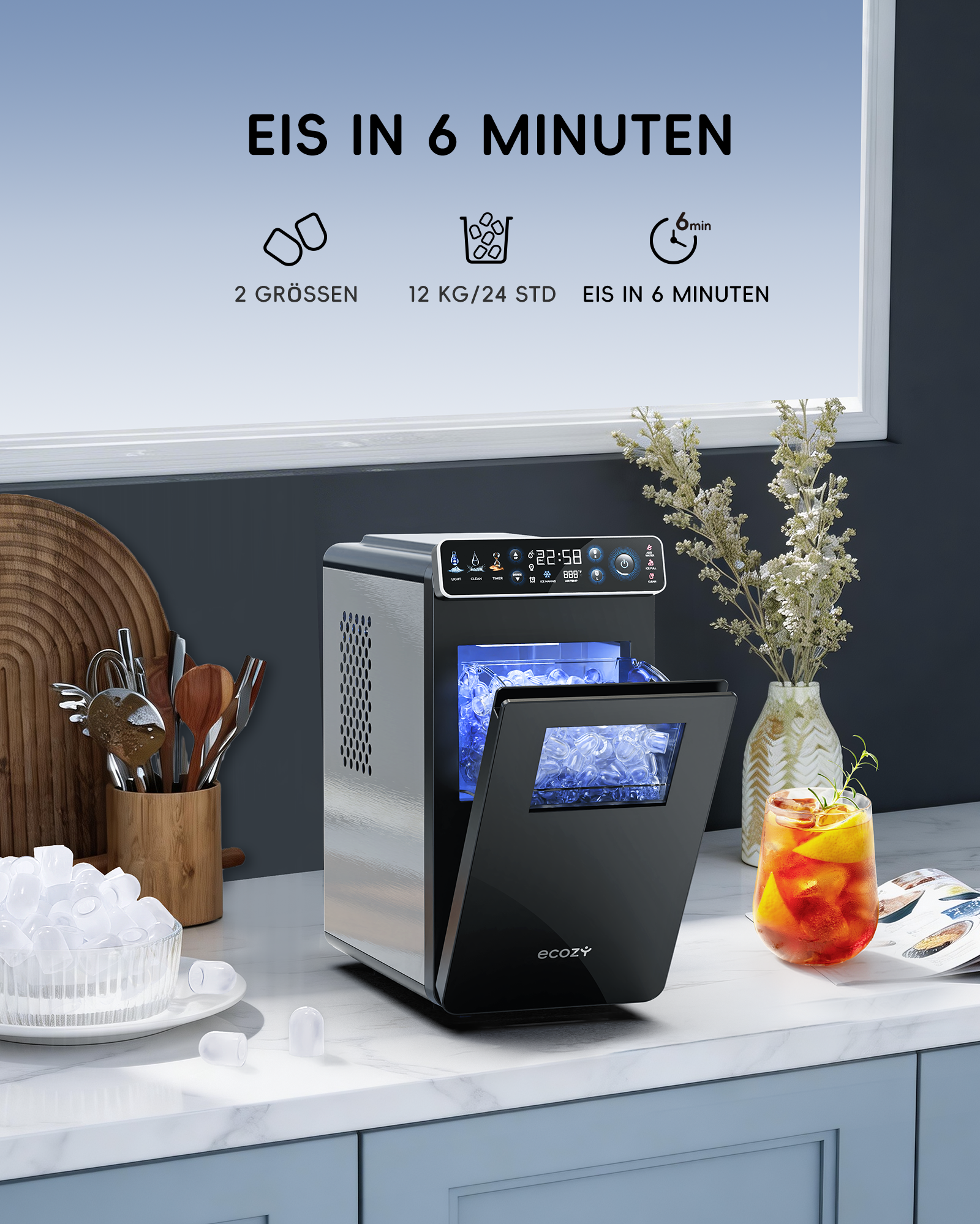 Eiswürfelmaschine mit blau beleuchtetem Fach, gefüllt mit Eiswürfeln.