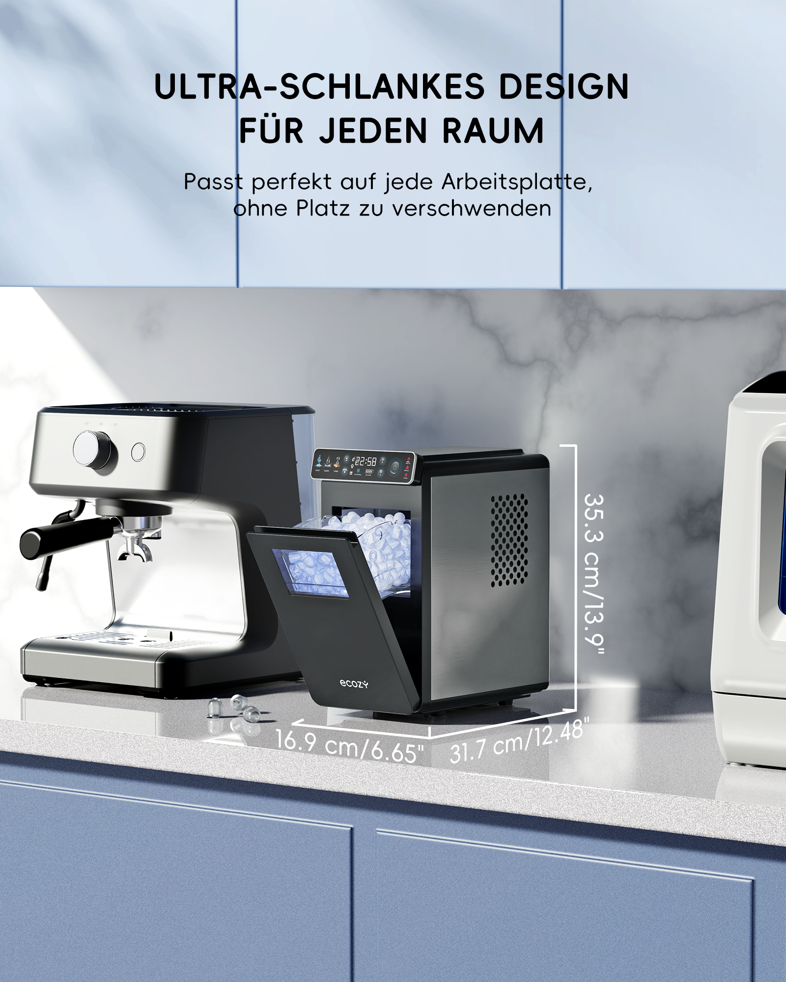 Kaffeemaschine und Eiswürfelbereiter auf Arbeitsplatte. Maße angegeben.