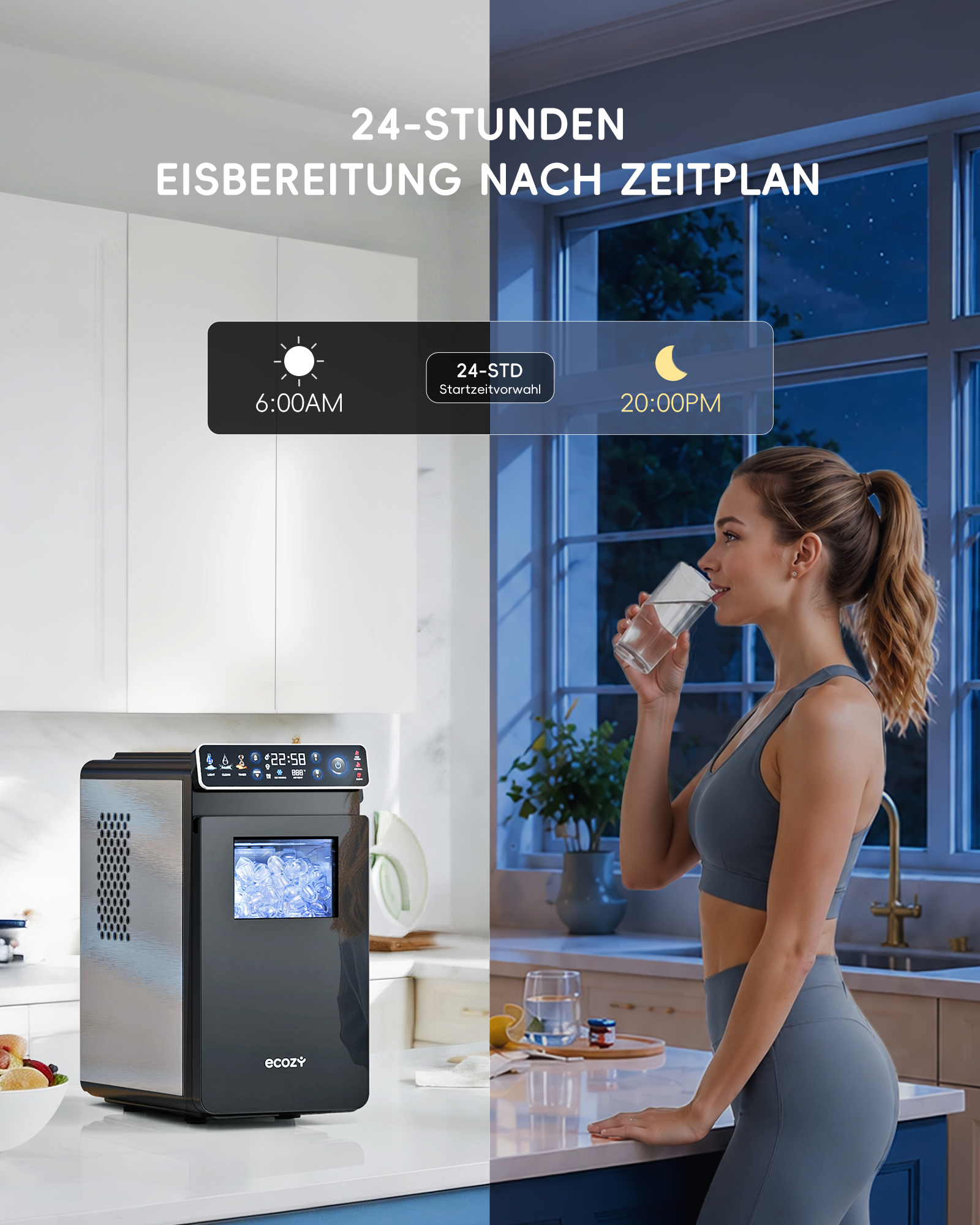 Eismaschine und Frau trinken Wasser. Zeigt 24-Stunden-Programmierung an.