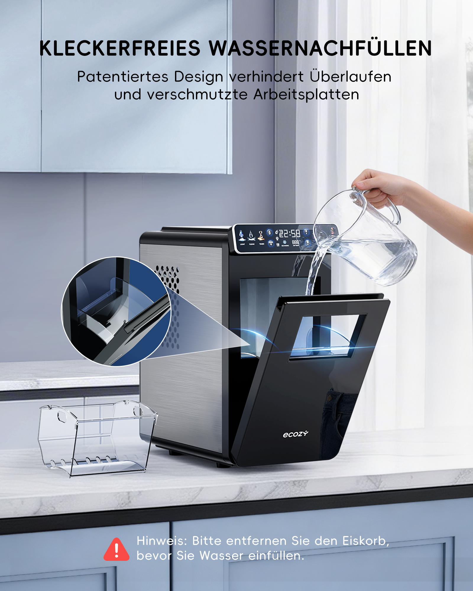 Ein Mensch füllt Wasser in einen eisbereiter ein. Ein Korb steht daneben.