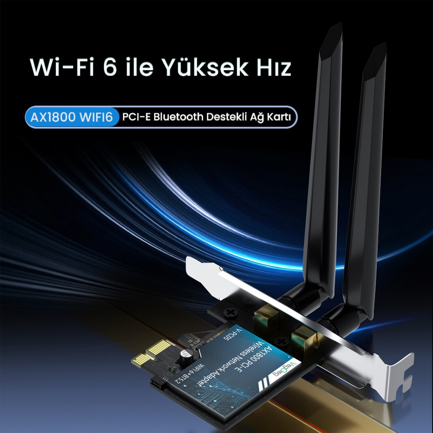İki antenli siyah AX1800 WIFI6 PCI-E ağ kartı.