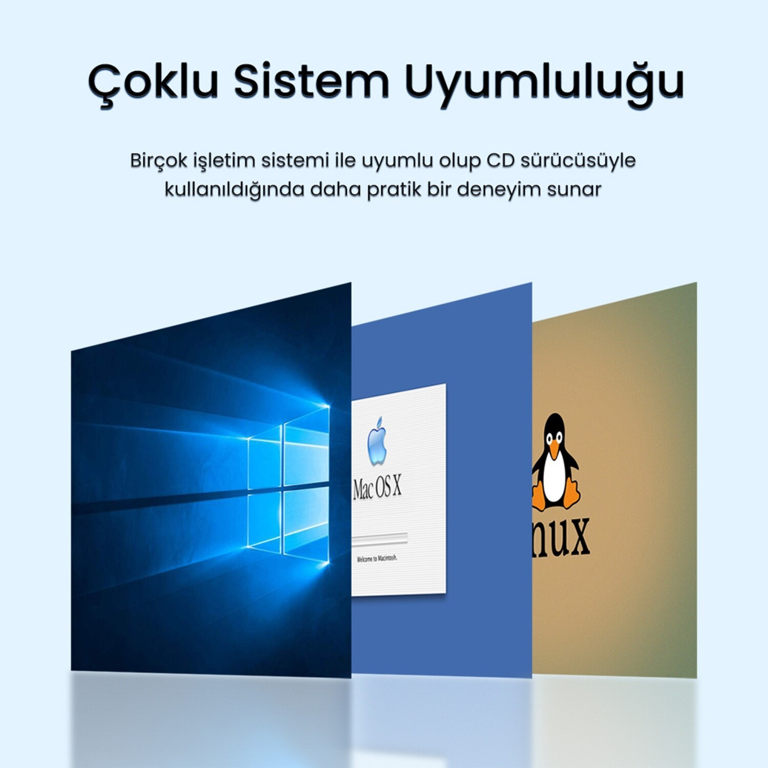 Windows, macOS ve Linux ekranları yan yana, sistem uyumluluğunu gösteriyor.