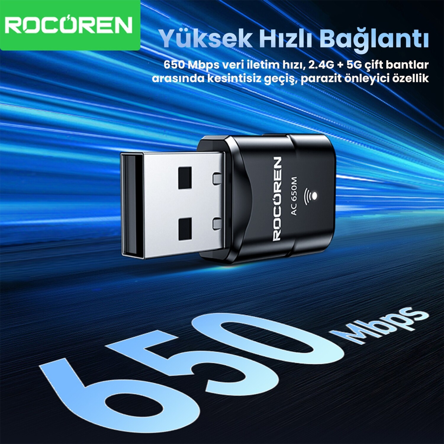 650 Mbps hızında siyah ROCUREN USB Wi-Fi adaptörü.