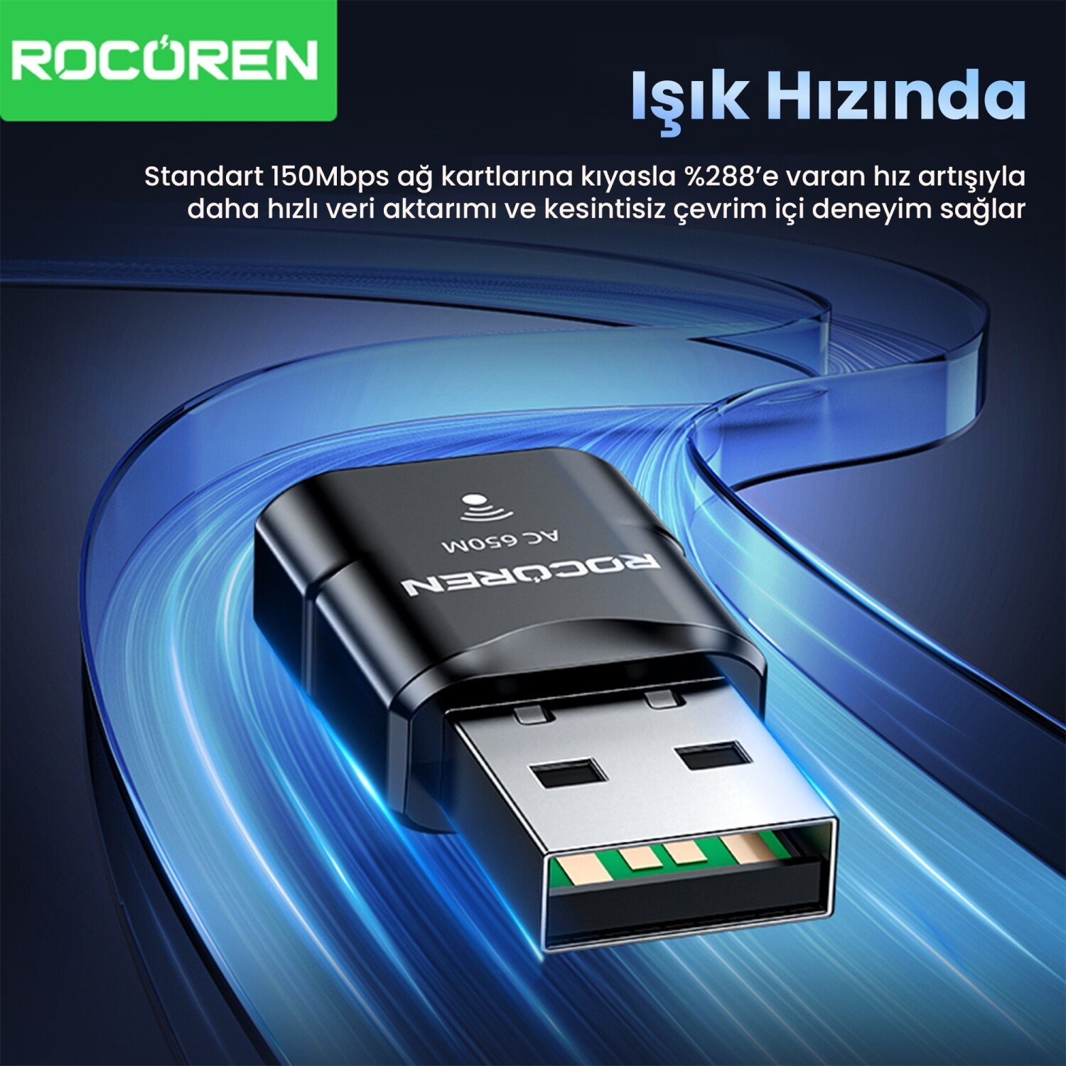 Hızı simgeleyen mavi, soyut arka planda siyah bir USB WiFi adaptörü.