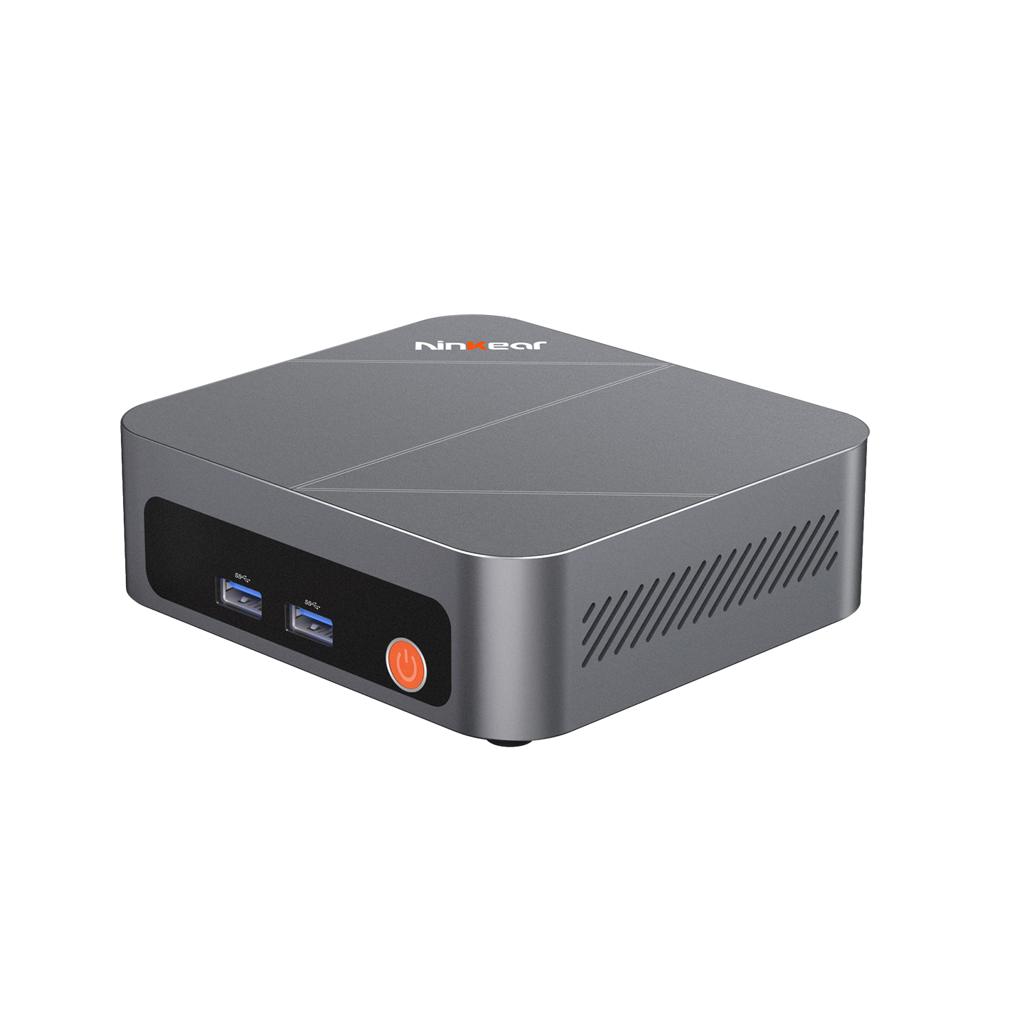 Mini PC gris con puertos USB y botón de encendido frontal.