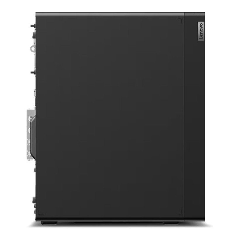 Siyah Lenovo masaüstü bilgisayar, yan görünüm, arkada görünen bağlantı noktaları.