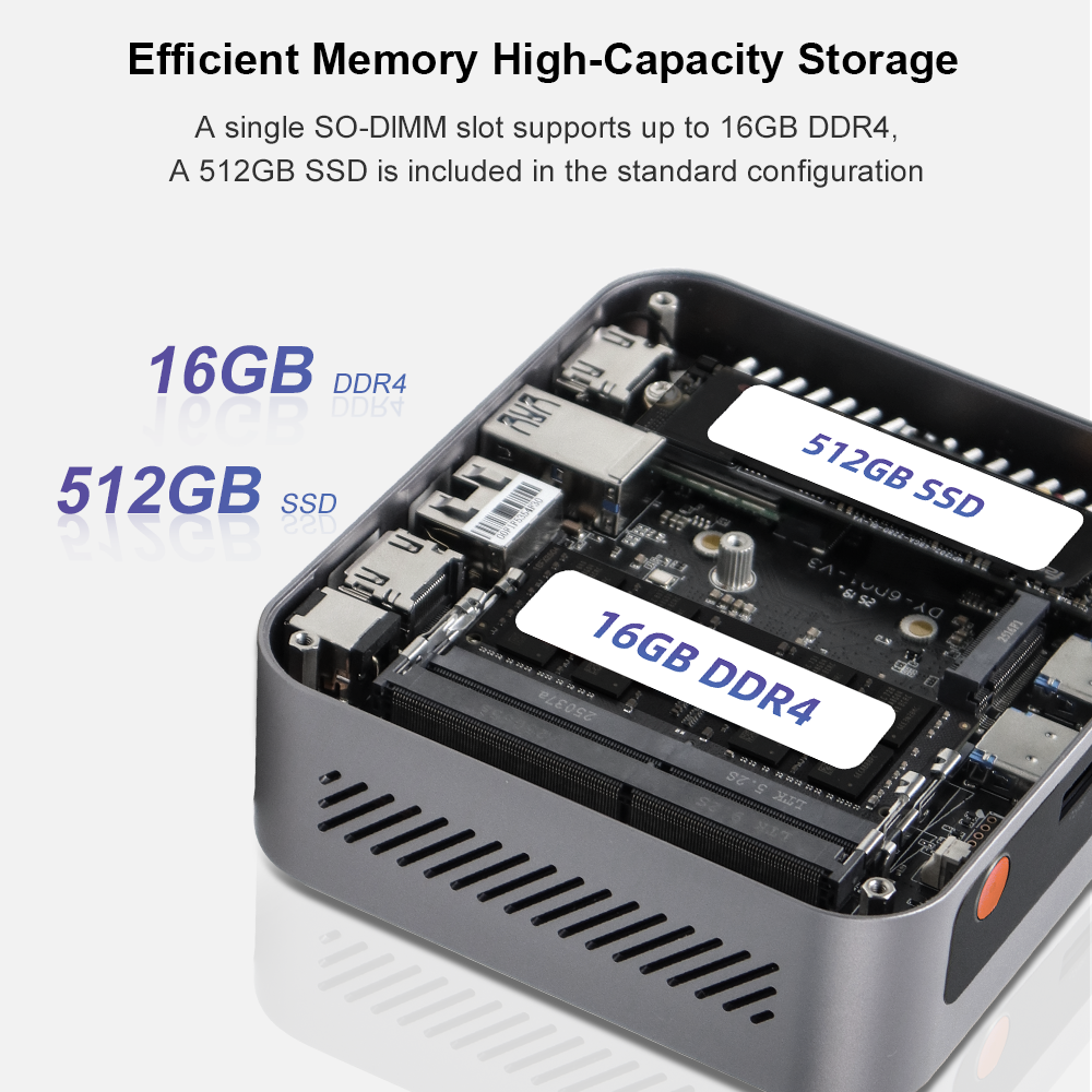 Vista interior de un mini PC que muestra 16 GB de RAM DDR4 y SSD de 512 GB.