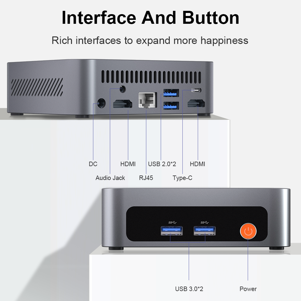 Dos mini PCs grises uno al lado del otro. Arriba puertos: DC, Audio, HDMI, RJ45, USB 2.0, Type-C. Abajo USB 3.0 y Power.