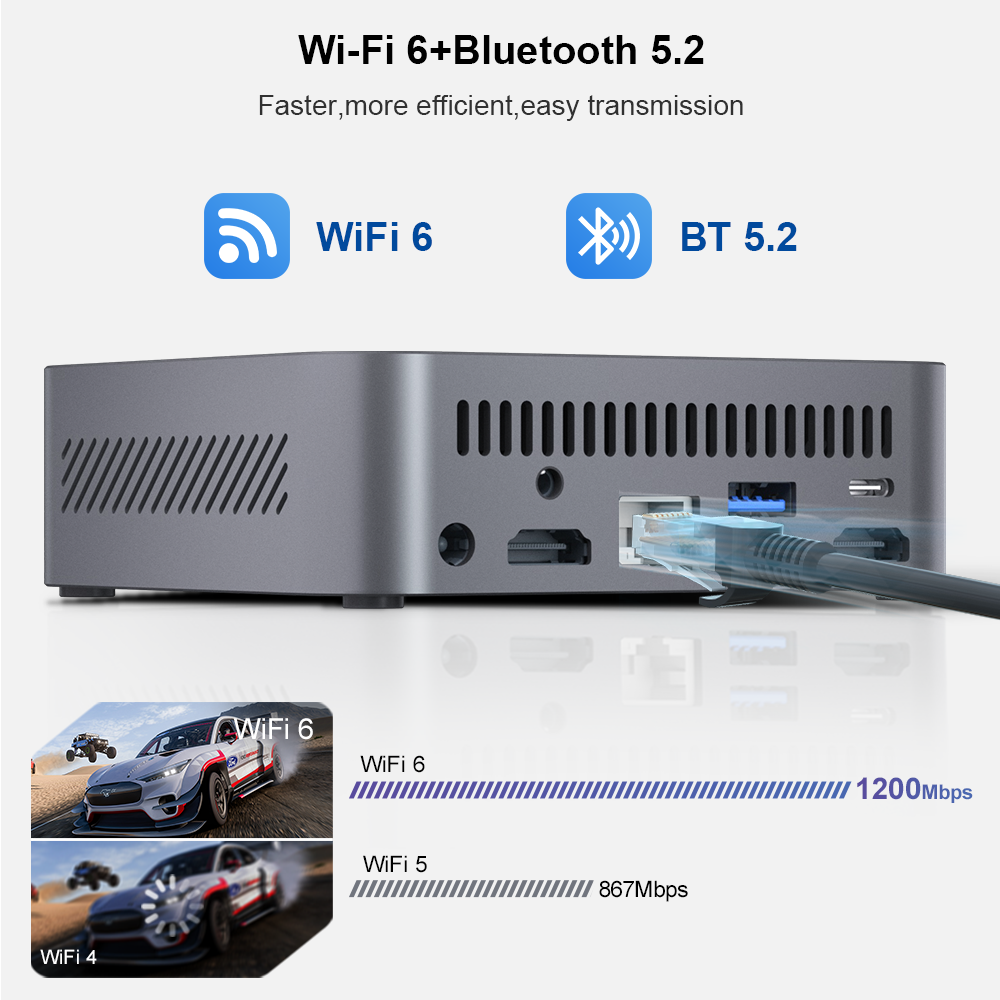Mini PC gris con WiFi 6 y BT 5.2. Muestra comparación de velocidad.