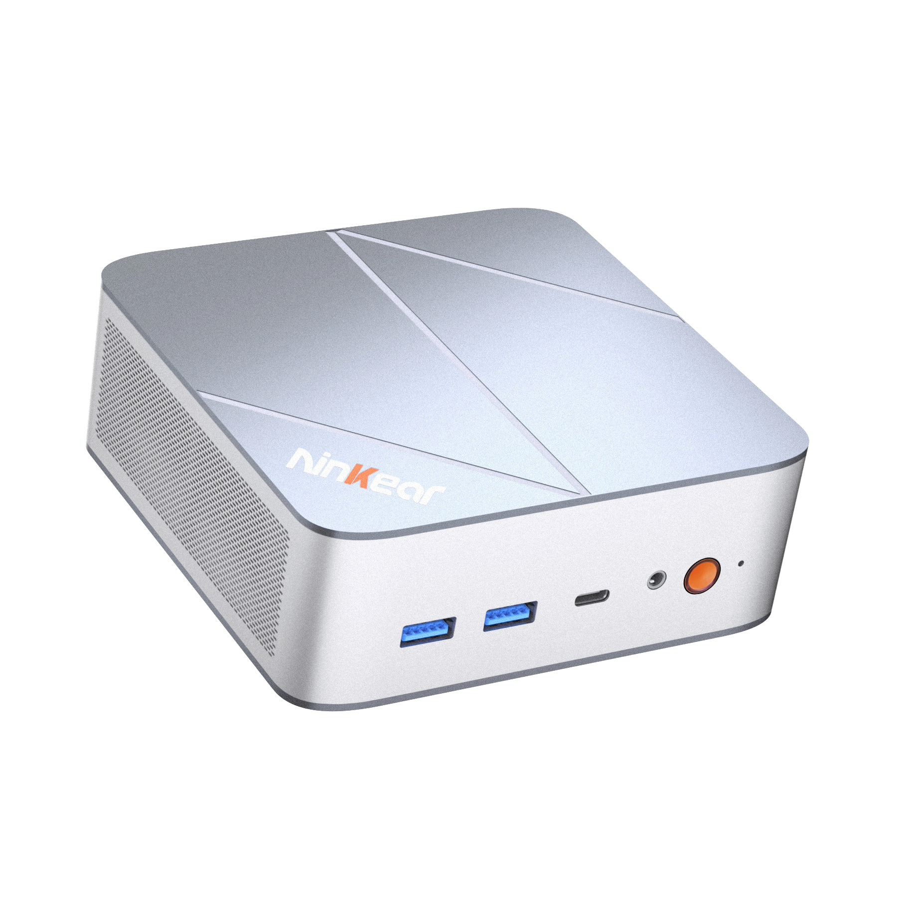 Un mini PC compacto y plateado con rejillas de ventilación y puertos.