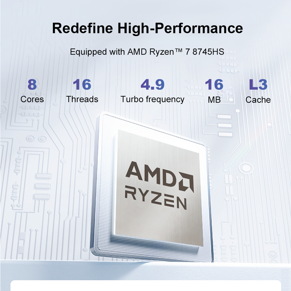 AMD Ryzen 7 8745HS: 8 núcleos, 16 hilos, turbo 4,9 GHz, caché L3 16MB.