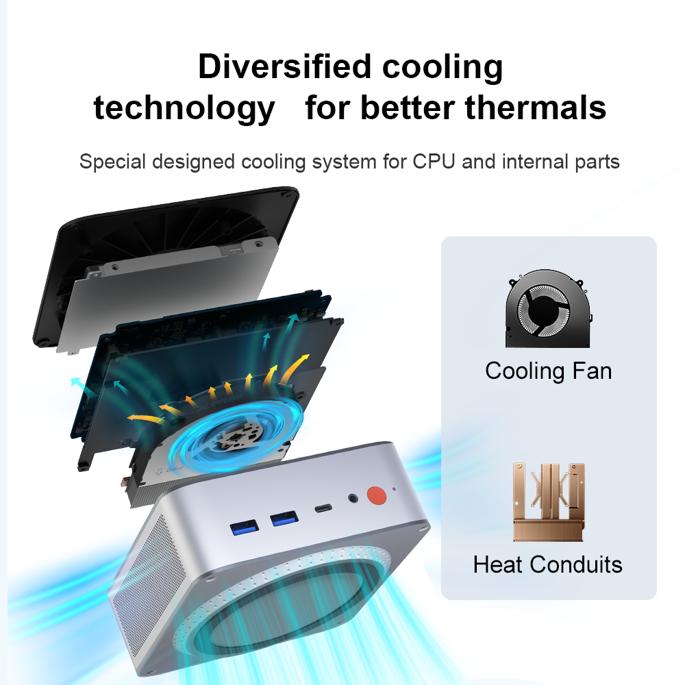 Un mini PC con componentes expuestos muestra una solución de refrigeración con ventilador y conductos de calor.
