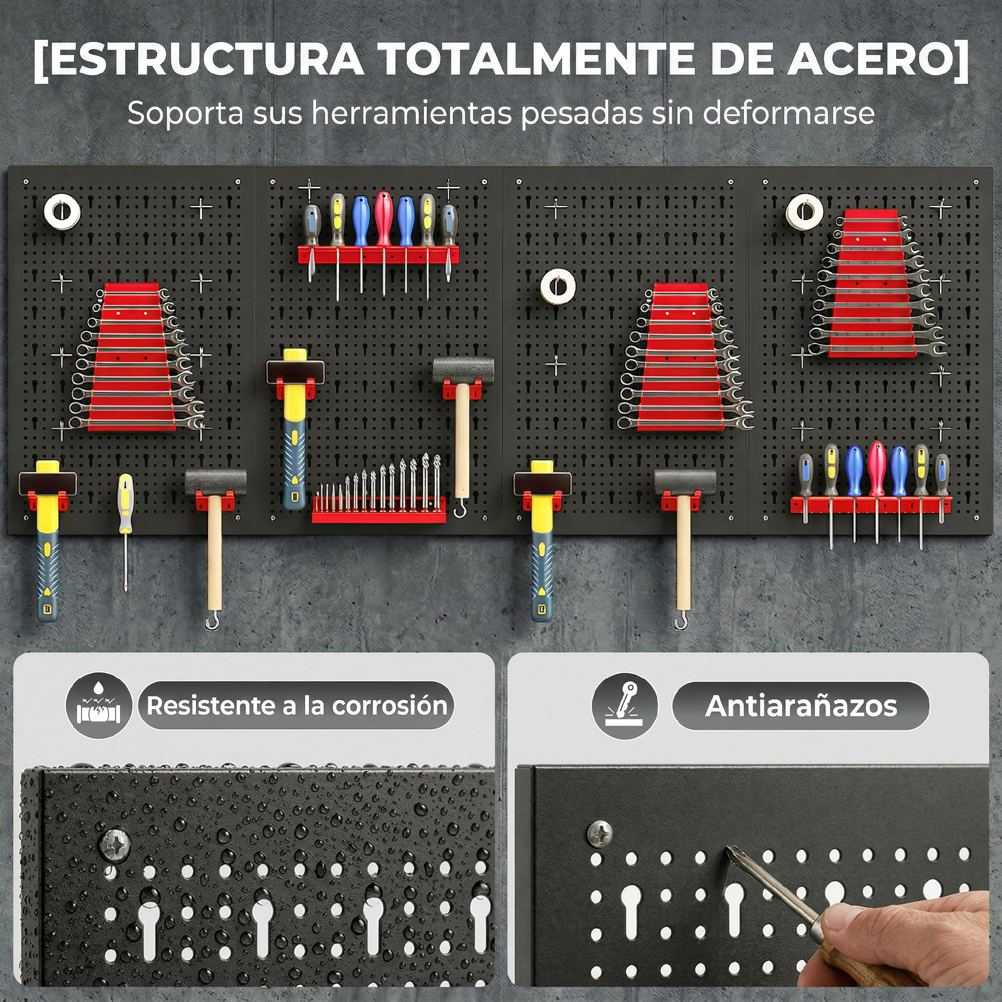 Panel de herramientas de acero con herramientas, martillos y destornilladores.