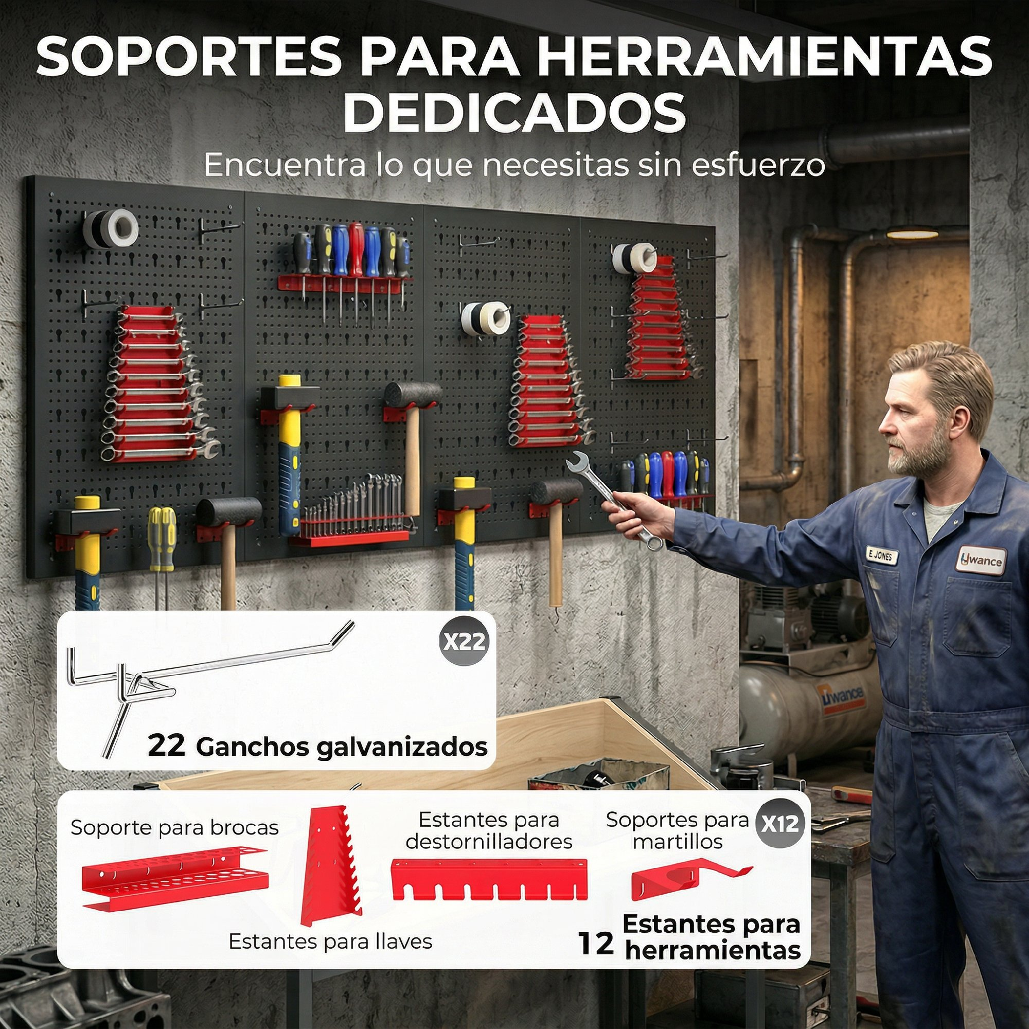Hombre con mono azul sostiene llave inglesa frente a pared de herramientas.