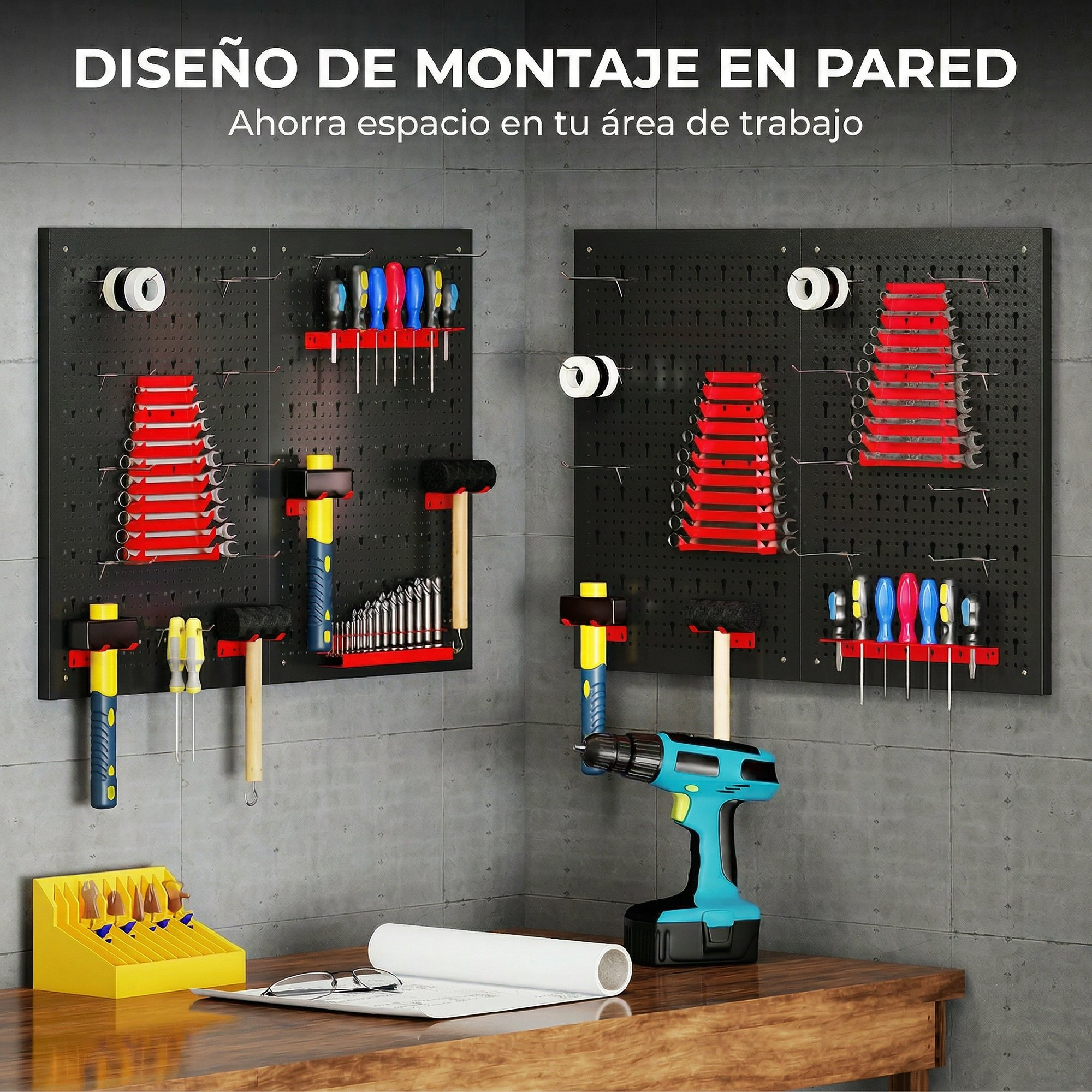 Panel de herramientas con llaves, martillos, taladro, destornilladores y cinta.