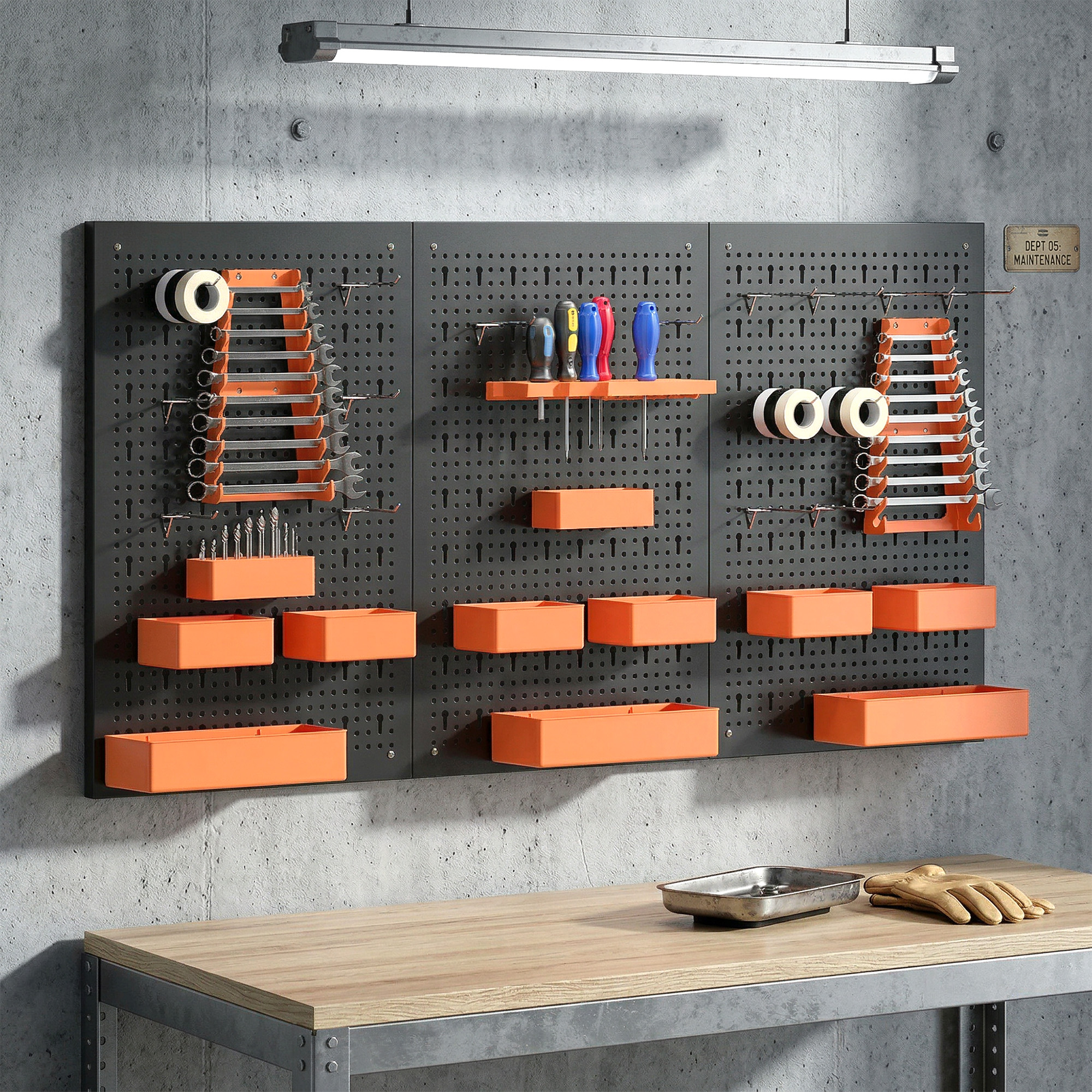 Pared de herramientas con llaves, taladros, cinta y cajas de herramientas.