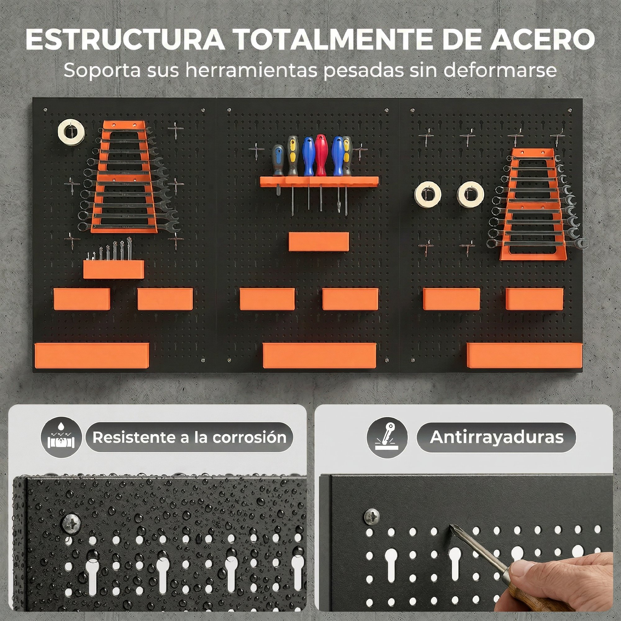 Panel de herramientas de acero con ganchos, llaves y destornilladores.