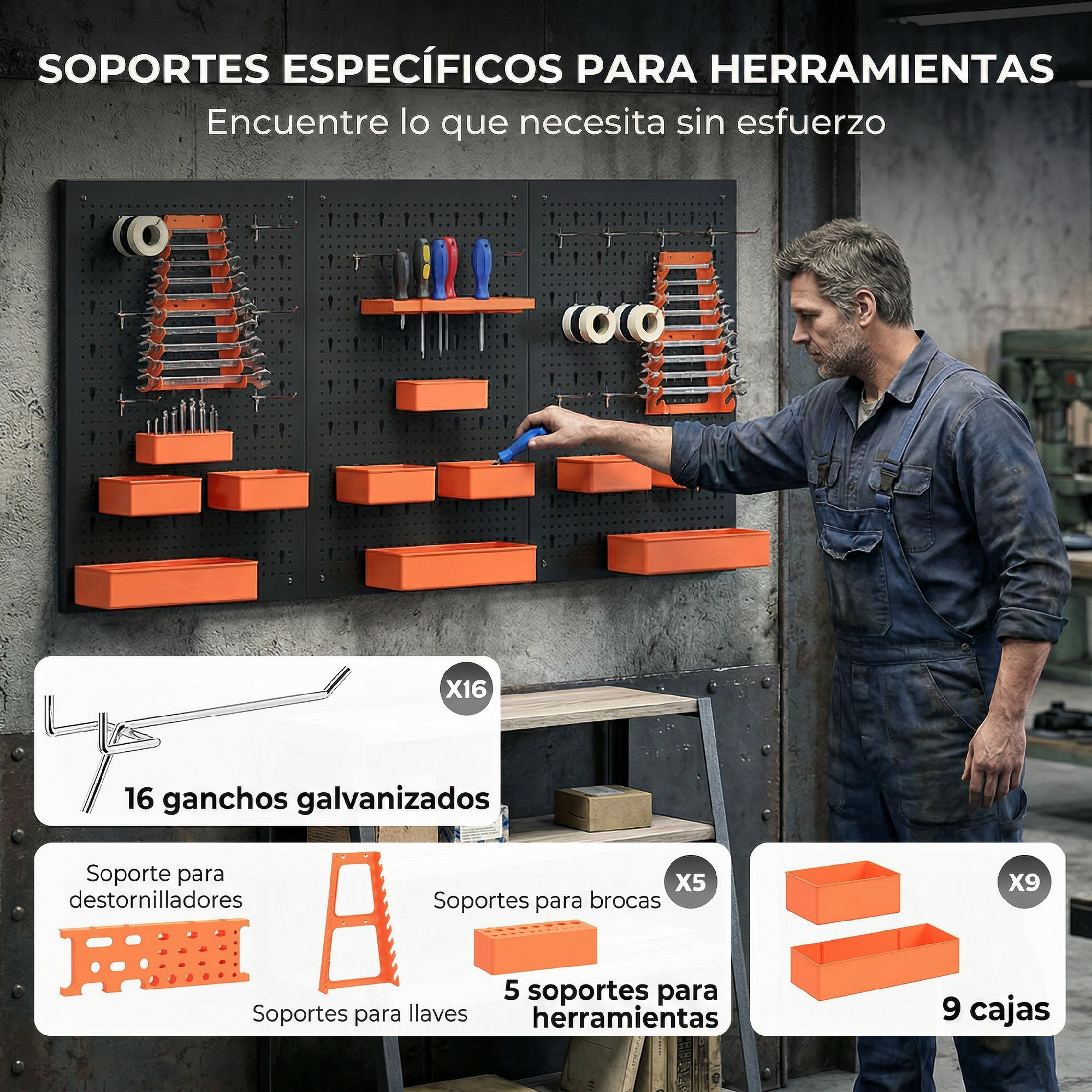Un hombre con mono organiza herramientas en un panel perforado con cubos naranjas.