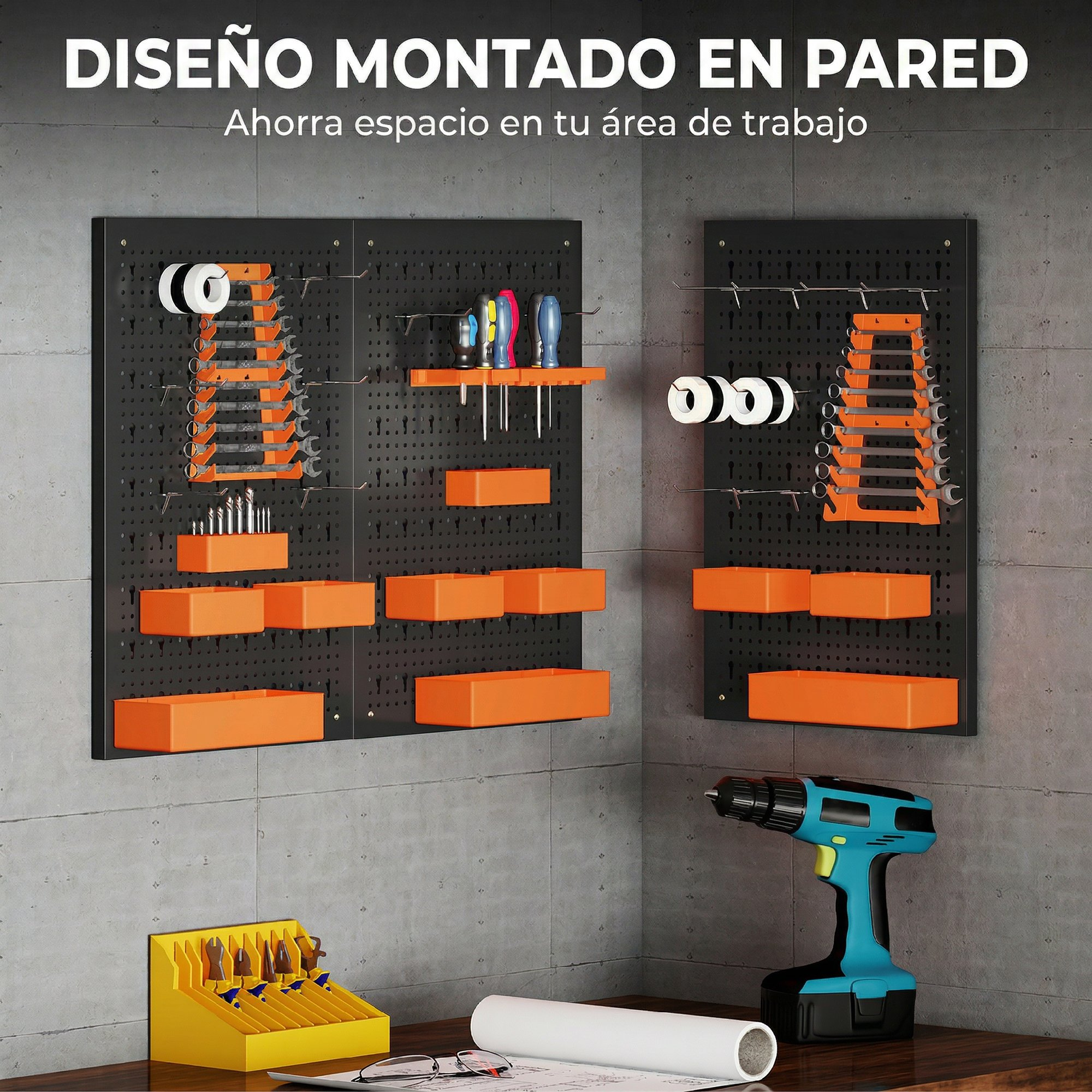Panel de herramientas montado en pared con llaves, destornilladores, brocas, cintas y taladro.